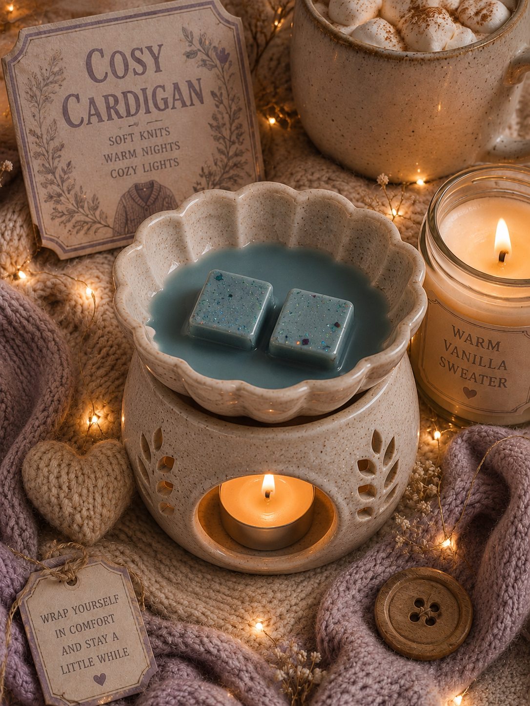 A cozy spa-style candle wax warmer set on a knitted blanket with warm fairy lights. The central product is a scalloped cream ceramic warmer holding pale blue wax and two blue wax melts, with a tea light candle glowing inside.