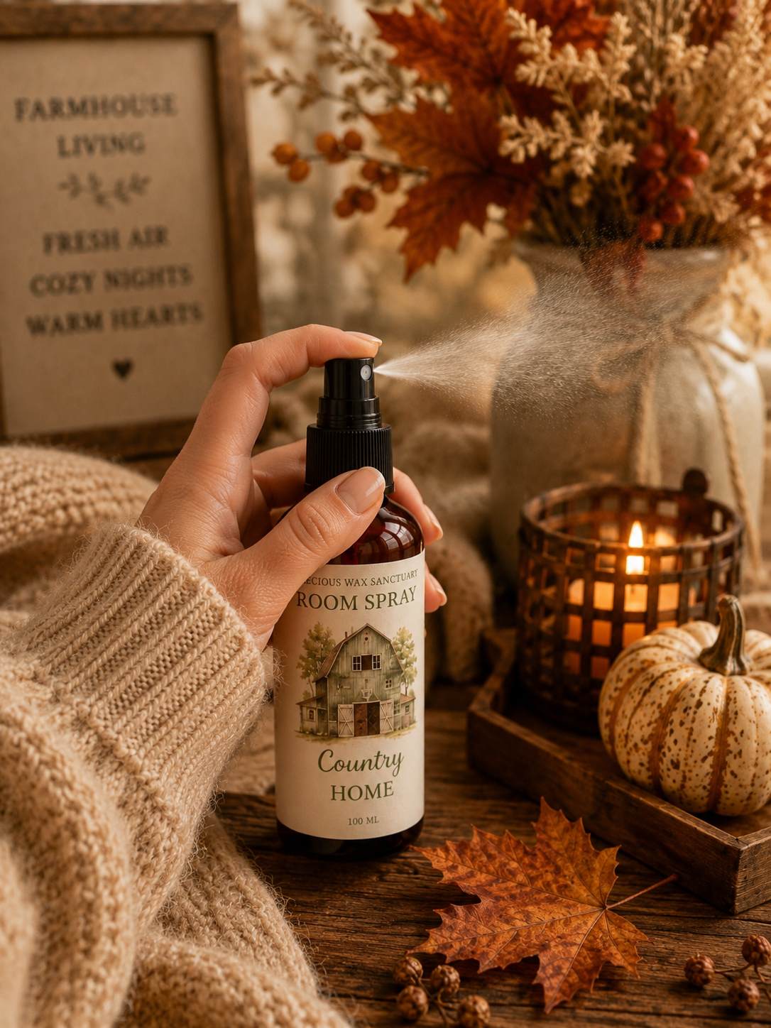 A hand wearing a beige knit sweater sprays a room spray bottle labeled 'Country Home' in a cozy autumn-themed setting with a lit candle, dried flowers, and a small pumpkin.