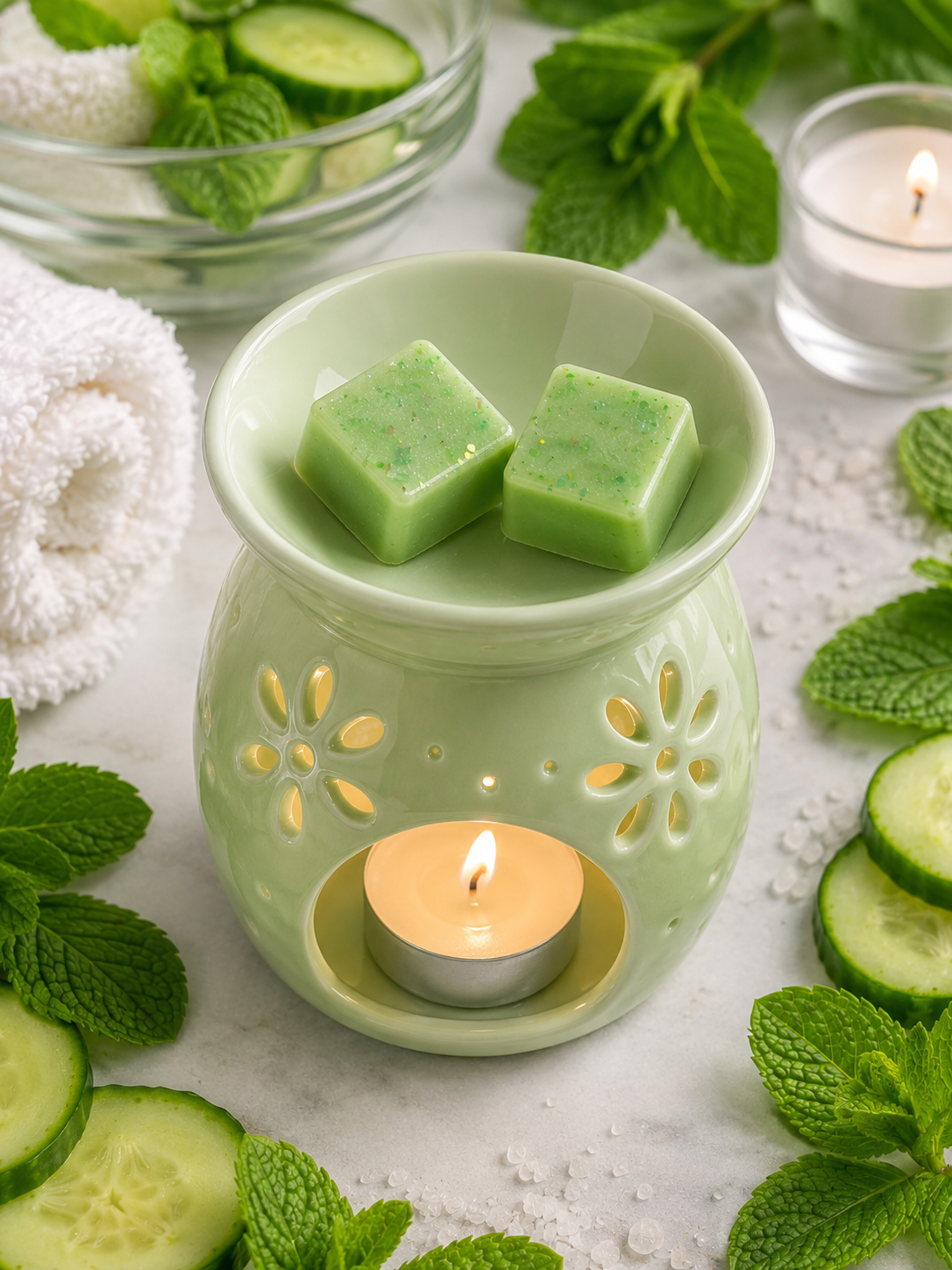 cucumber and mint wax melts in burner with matching background theme.