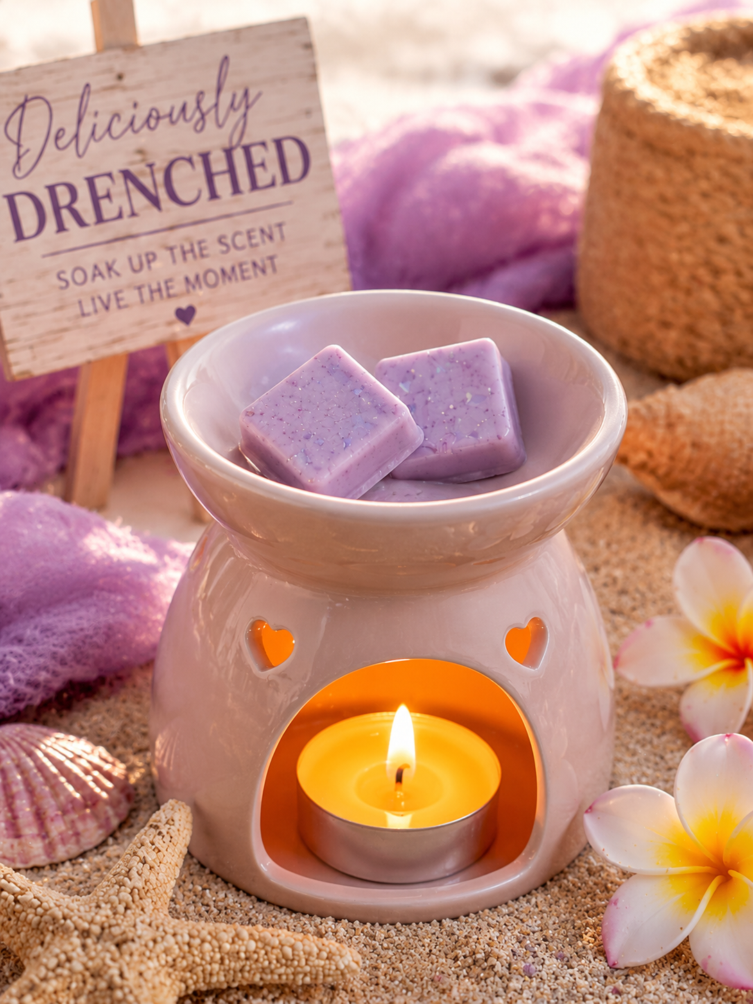 deliciously drenched wax melt in burner with beach theme.