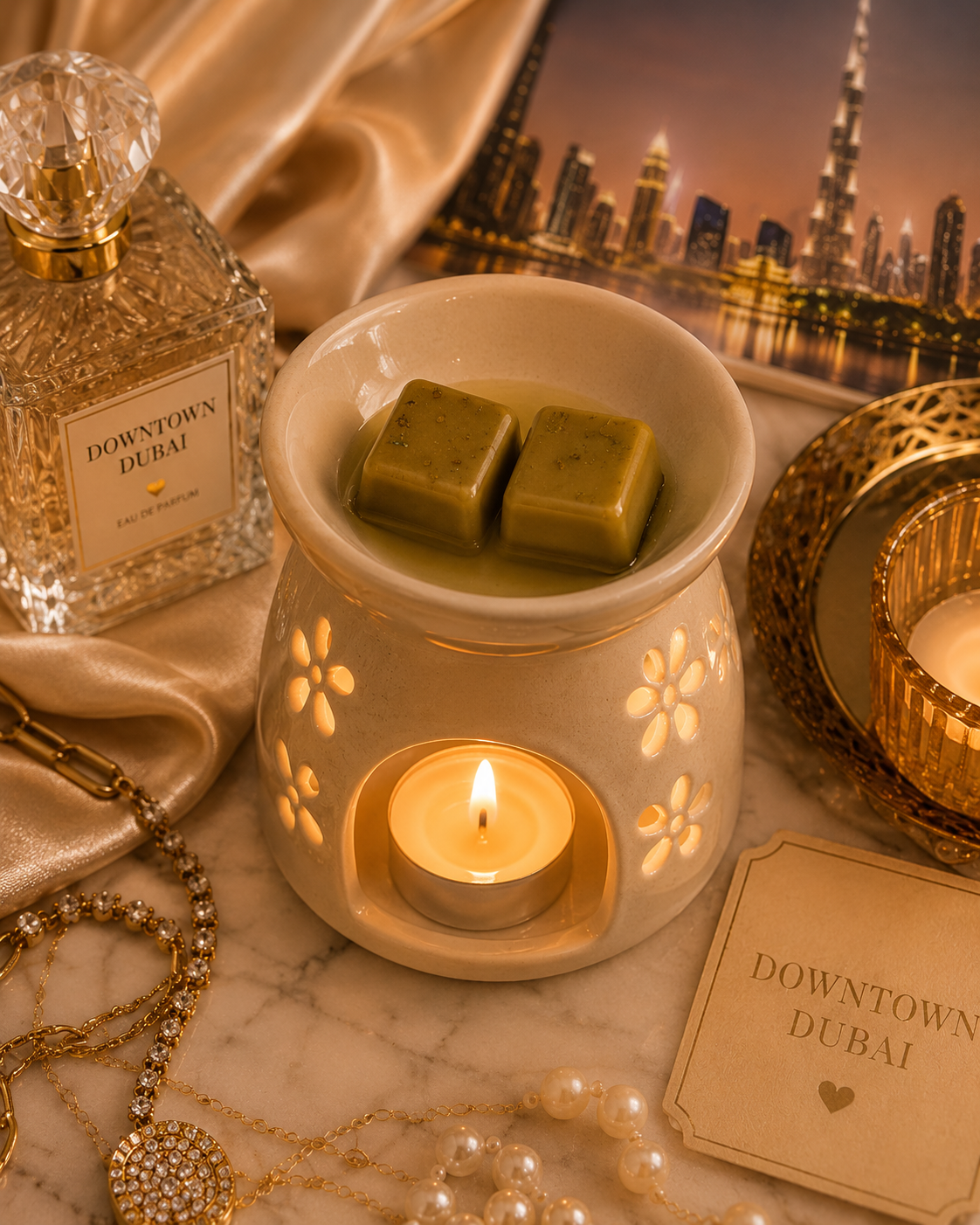 Downtown dubai wax melts in burner surrounded by gold decor.
