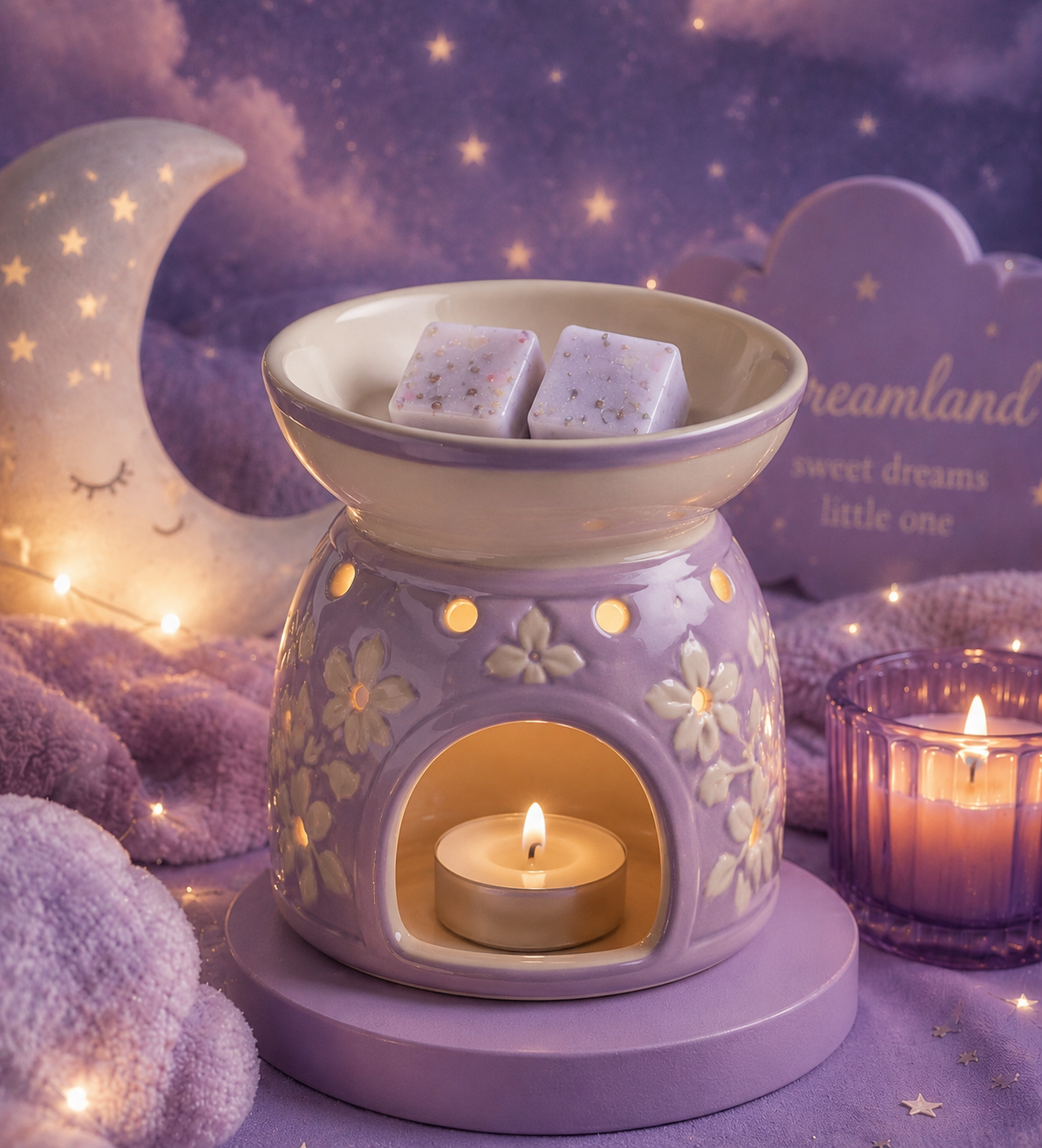 A lavender ceramic wax warmer with white floral patterns, lit with a tea light candle inside, and two lavender wax cubes in its bowl. The scene is decorated with a glowing crescent moon, fluffy purple clouds, and a starry purple sky backdrop.