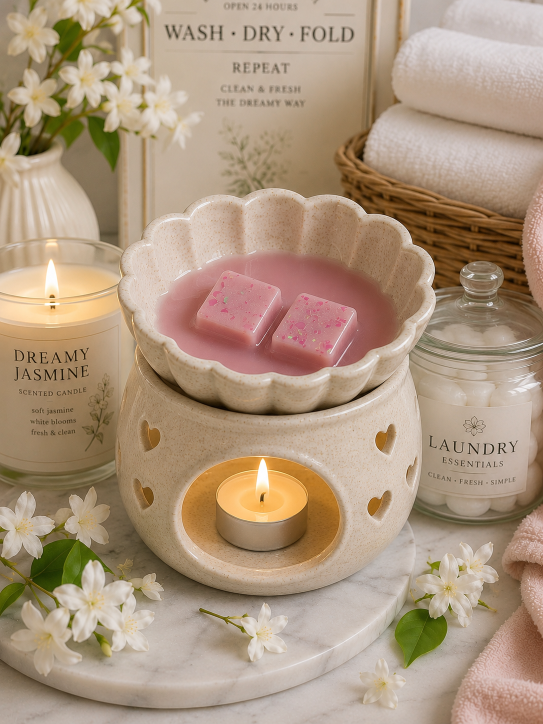 A spa-themed product arrangement featuring a cream ceramic wax warmer with a pink scented wax melt inside, surrounded by candles, a jar of laundry essential oil, folded towels, and white flowers on a marble surface.