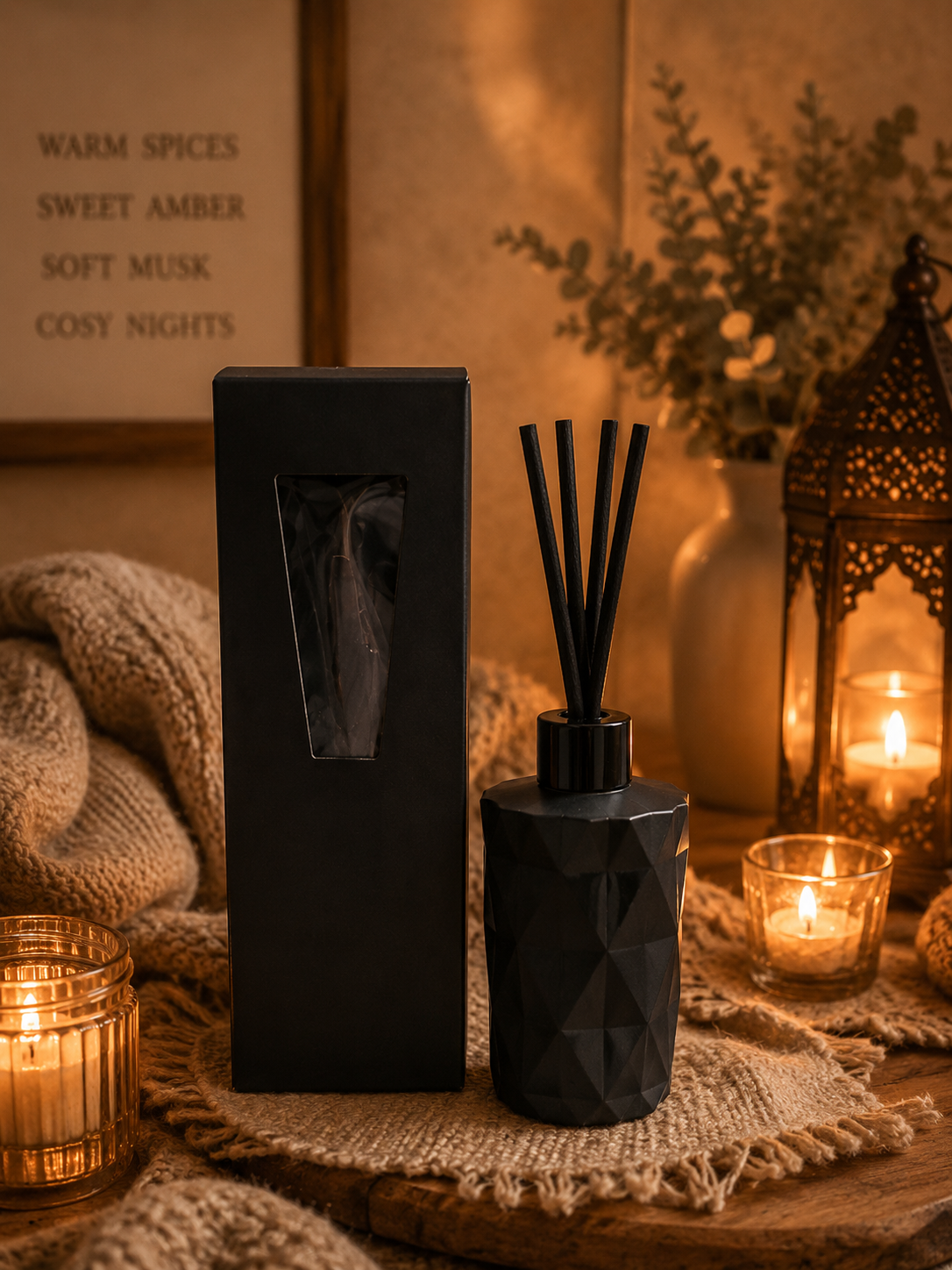 A black faceted reed diffuser bottle with black reeds stands beside its matching black box on a burlap runner, styled with candles, a knitted throw, and a lantern in a warm indoor setting.