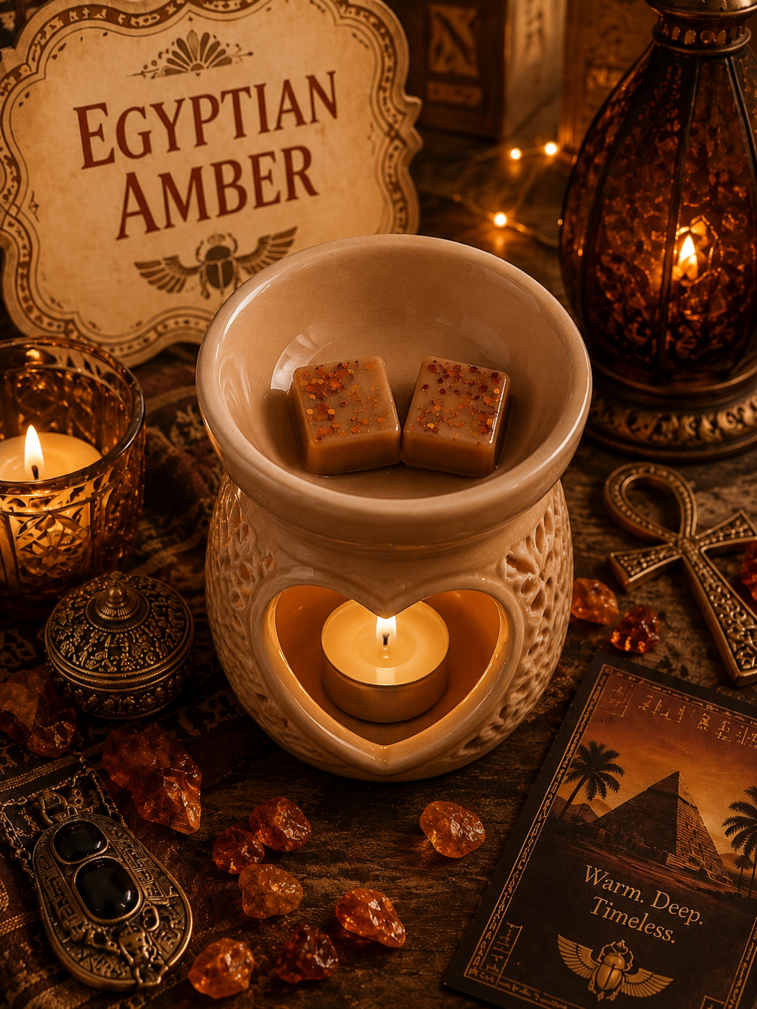 A heart-shaped ceramic wax warmer with a lit tea light candle inside, holding two small amber-colored wax melts. The scene is styled with Egyptian-themed props, including a sign reading 'Egyptian Amber,' scattered amber crystals, ornate metal lanterns, and a tarot card.