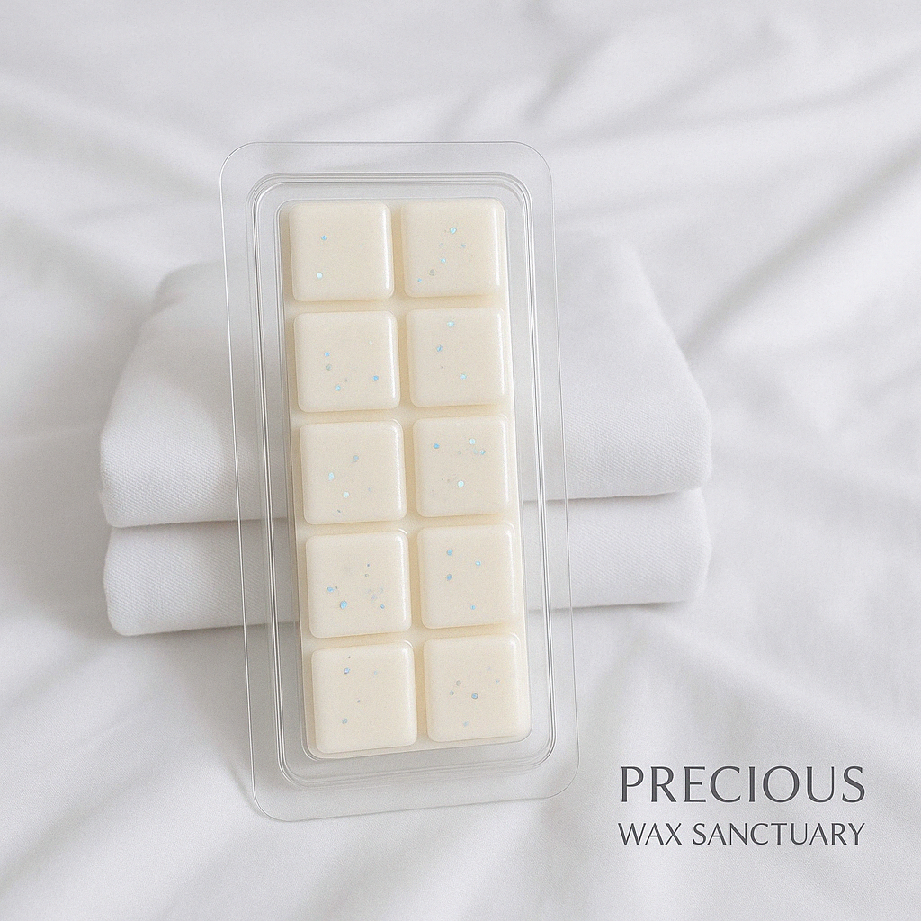 Egyptian Cotton and Cashmere Musk Wax Melts featuring a soft, luxurious scent with fresh cotton, gentle musky notes, and hints of warm, cozy cashmere, creating an inviting and comforting aroma.