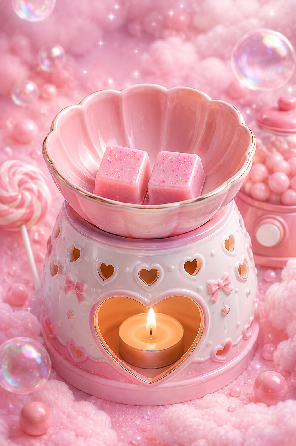 Fairy bubblegum pink wax melts in burner with matching background.