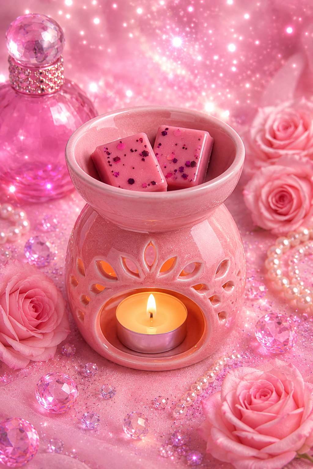 pink wax melts in burner with perfume and rose background theme.