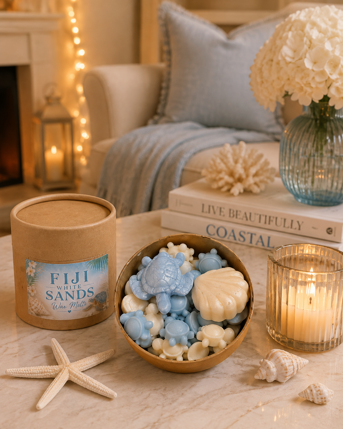 A cozy home setting featuring a 'Fiji White Sands' scented wax melts in a kraft paper tube next to a wooden bowl filled with blue and white sea-themed wax melts, styled with starfish, seashells, books, and a lit candle on a marble table.