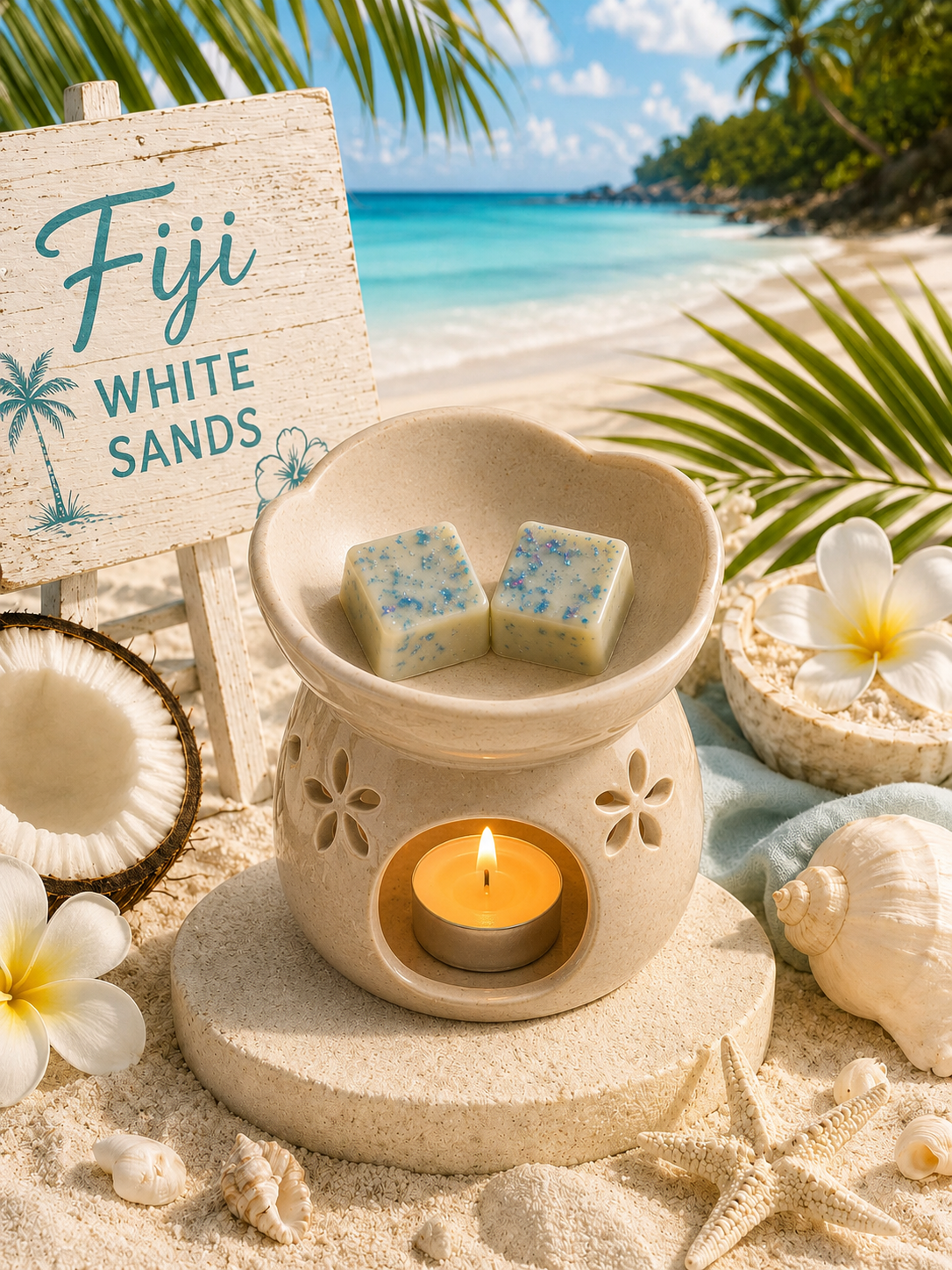 wax melt burner with candles and wax melts on a beach setting with 'Fiji White Sands' sign.