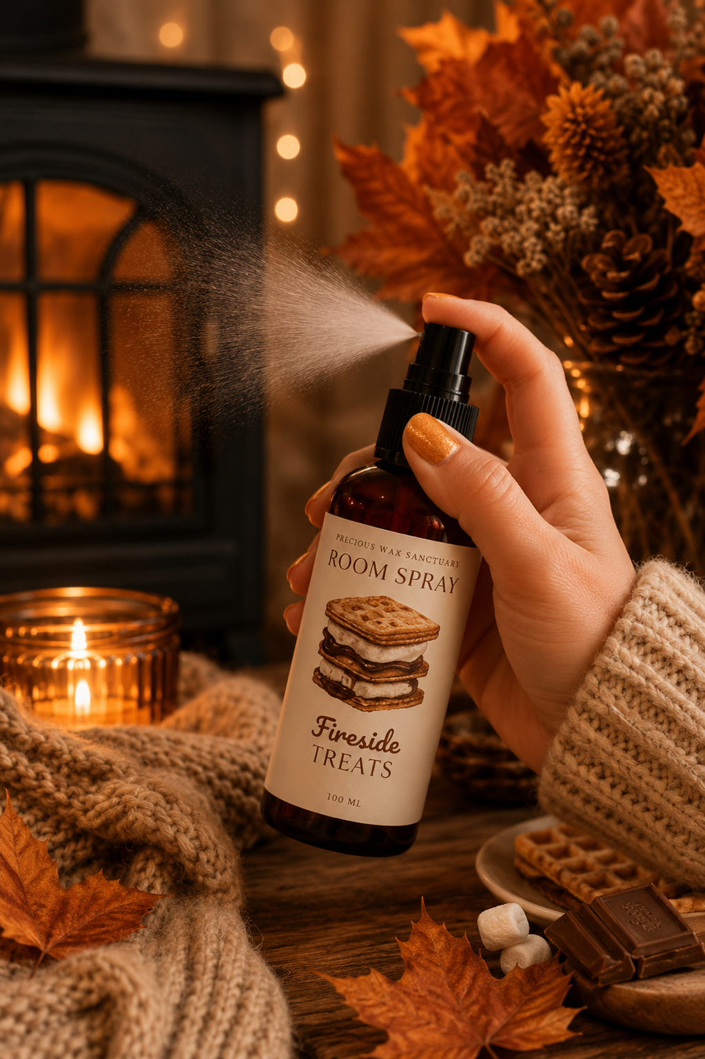 A hand holding a bottle of Fireside Treats Room Spray, misting the spray into a cozy fireplace scene decorated with autumn leaves, a knit blanket, and warm candles.