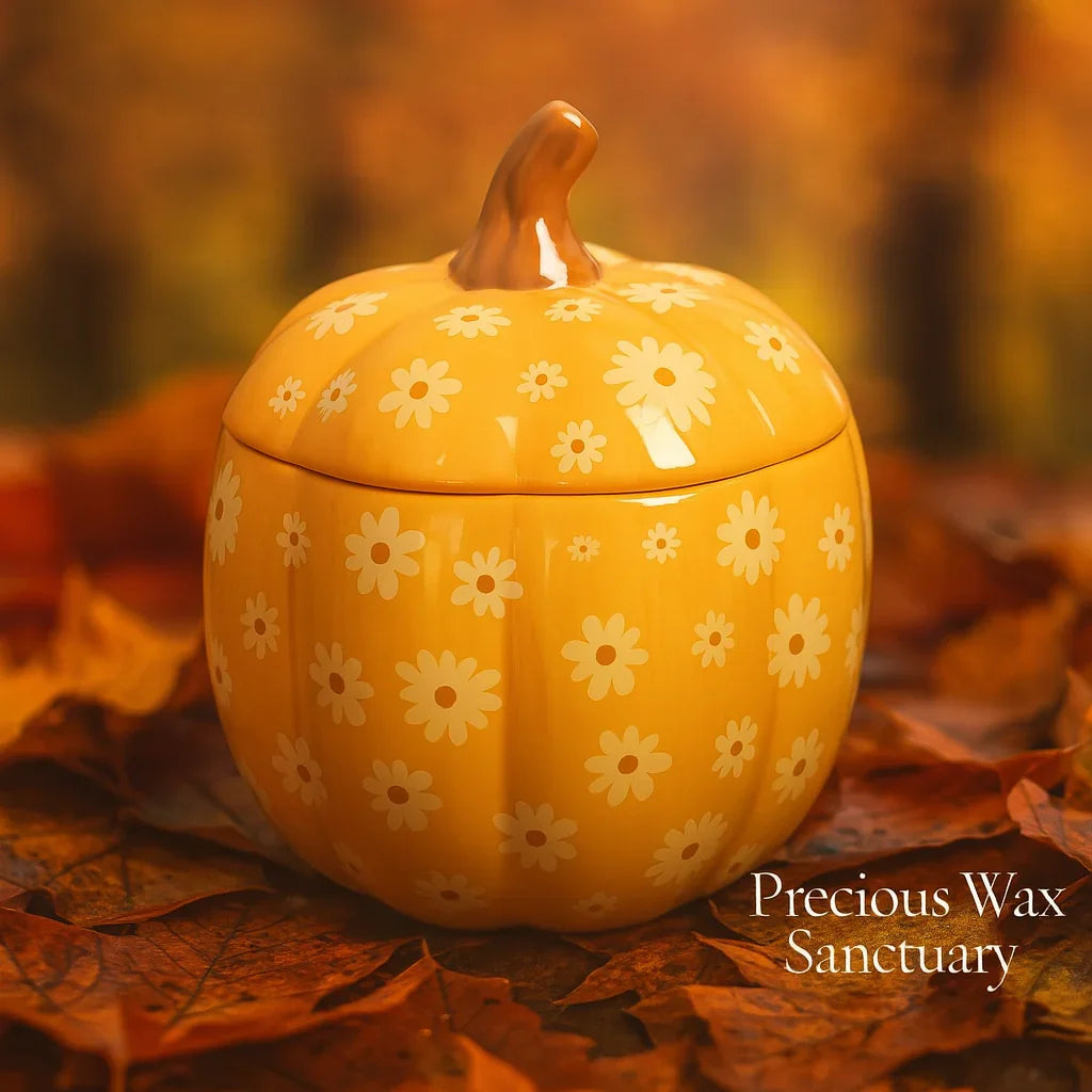 Yellow ceramic pumpkin with floral patterns on a background of autumn leaves, featuring 'Precious Wax Sanctuary' text.