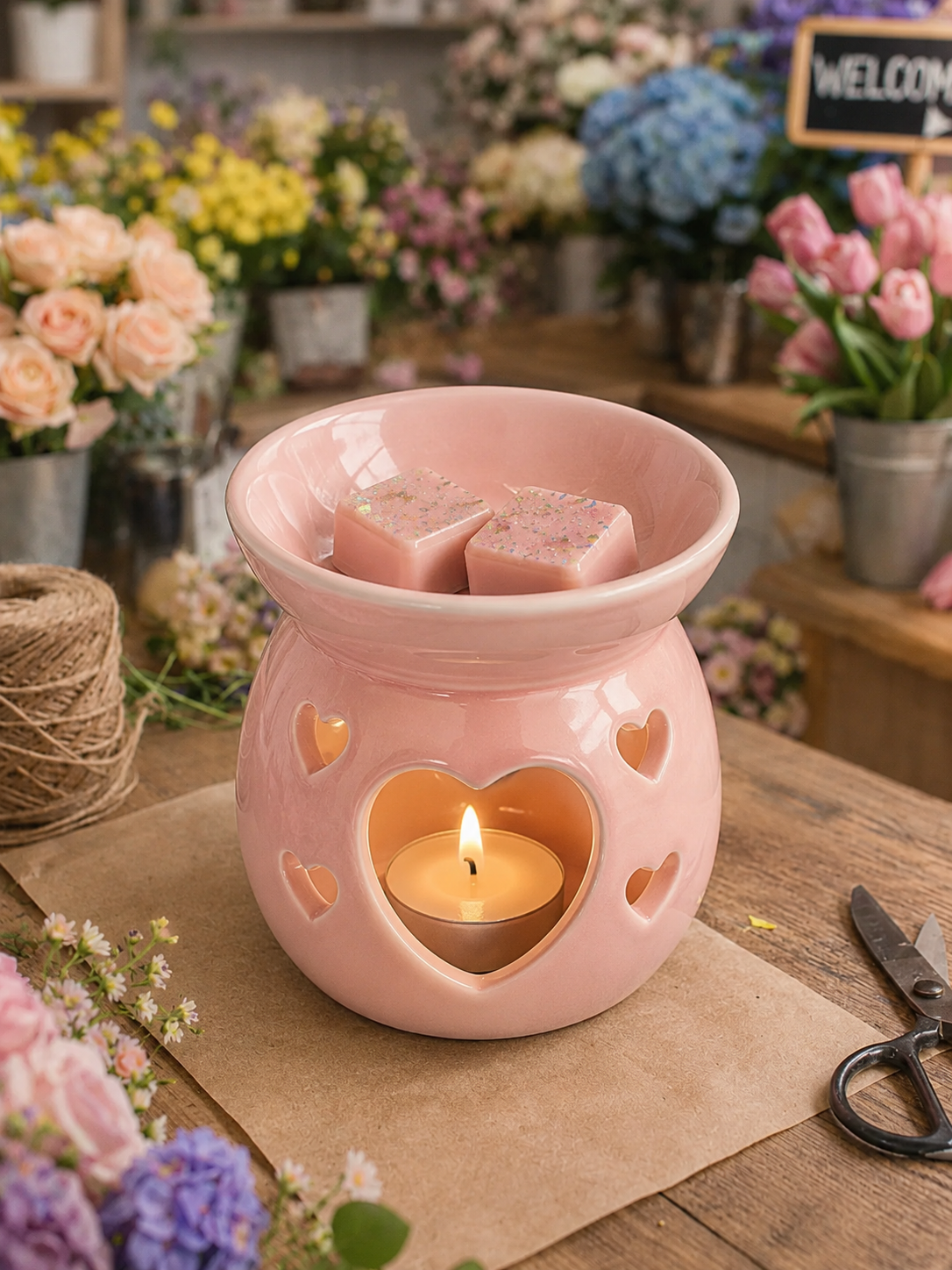 flower shop wax melts in burner in a flower shop with flowers round.