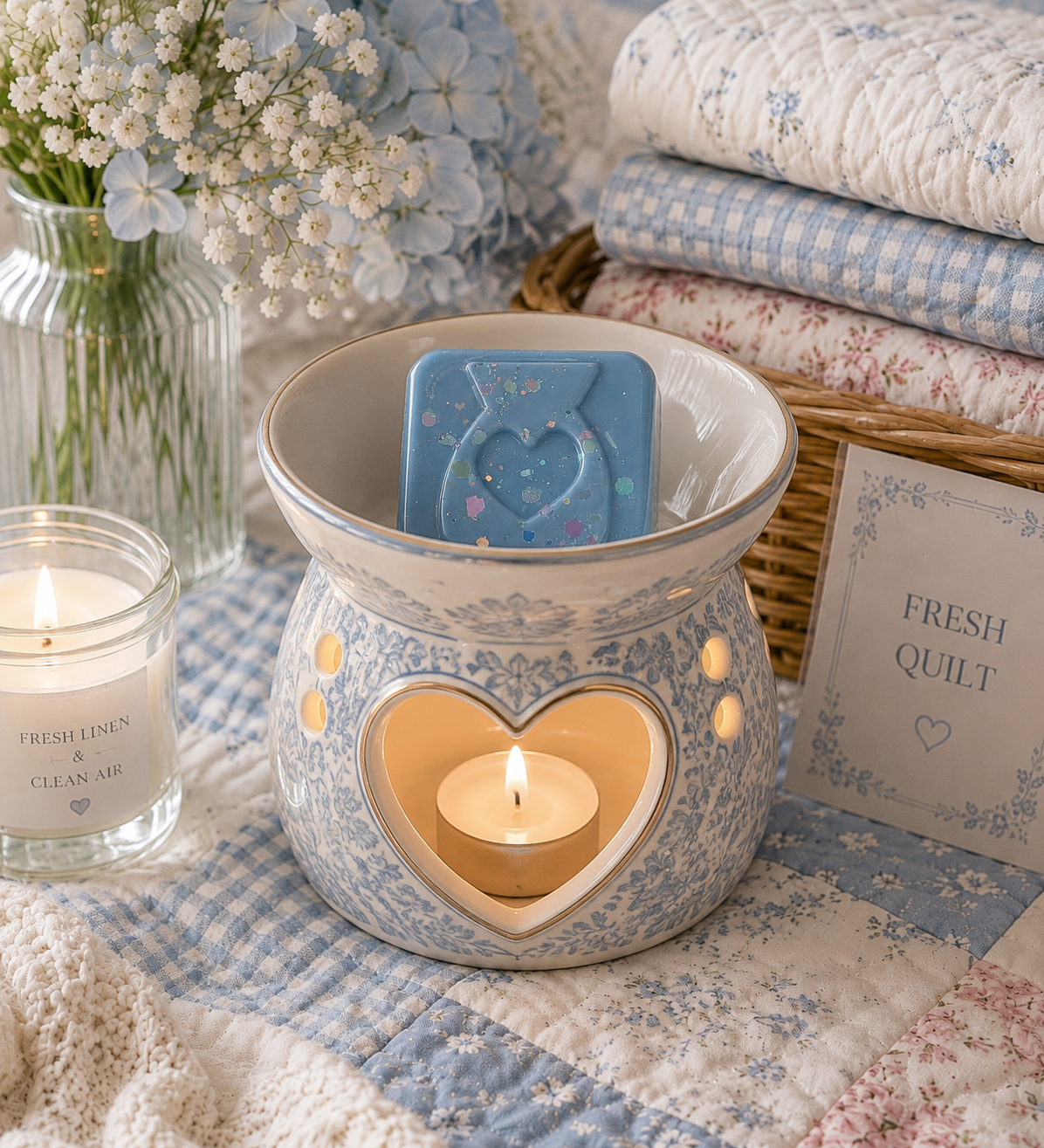 A ceramic wax warmer with a heart-shaped cutout and a blue wax melt inside, styled on a quilted blanket with folded quilts, a candle, and flowers in the background.
