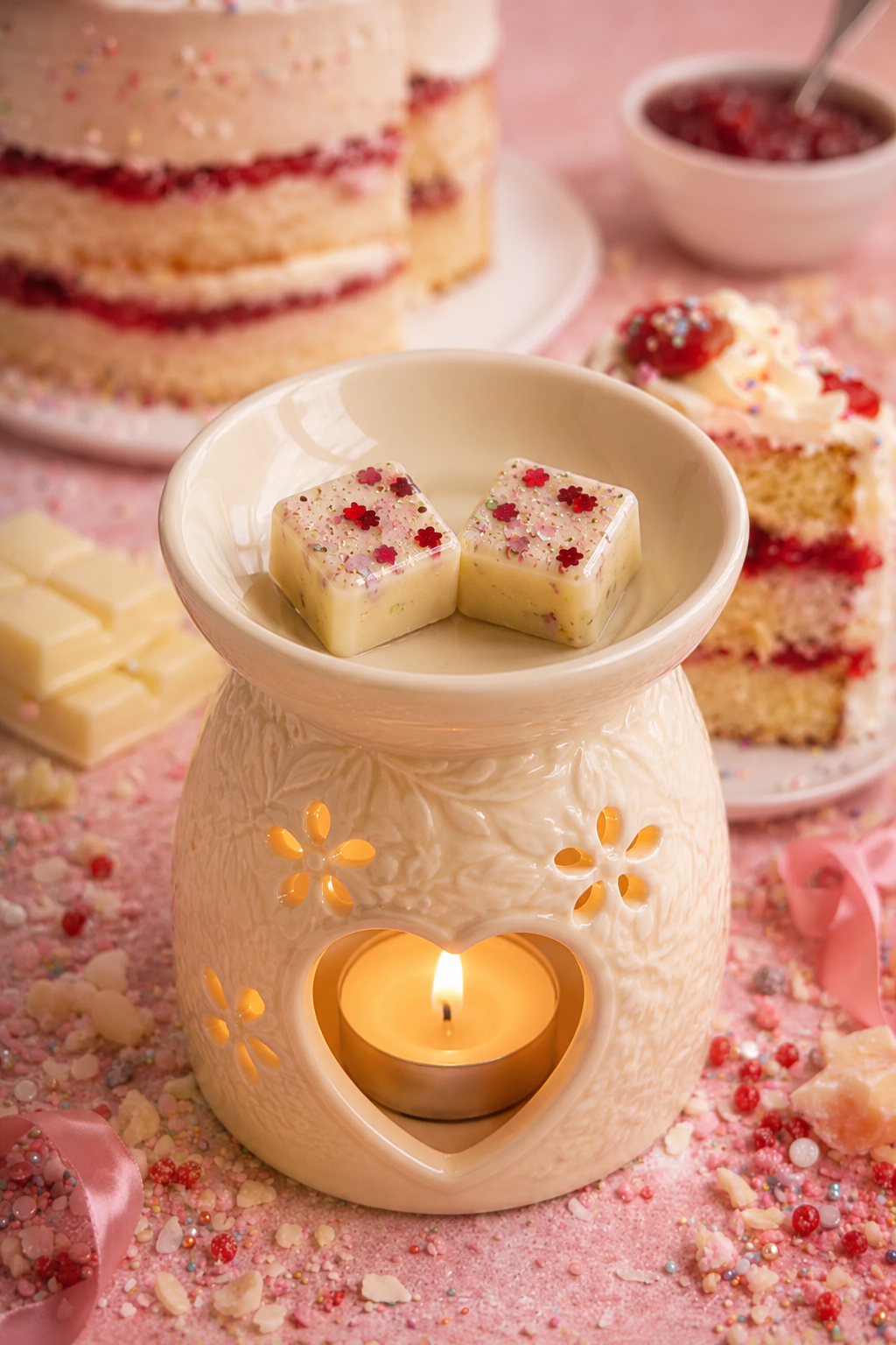 frosted jam cake wax melts in burner with jam cake background.