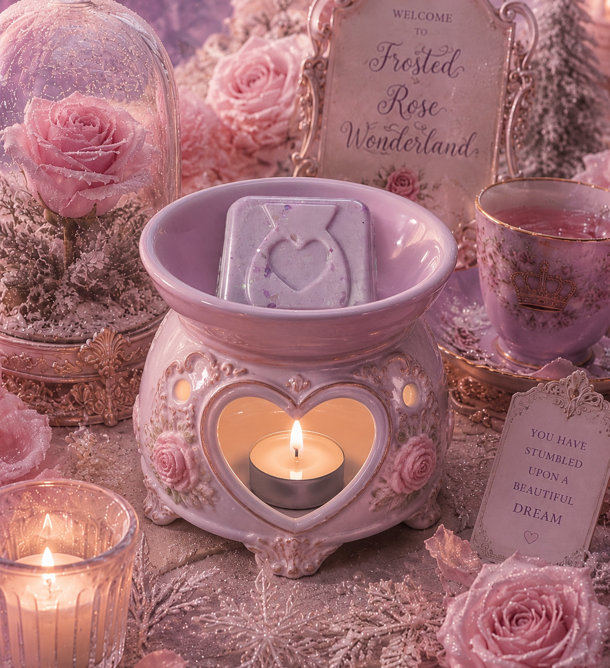 A pastel lavender ceramic heart-shaped wax warmer with a lit tealight candle and wax melt inside, surrounded by pink roses, a glass dome rose, a teacup, and decorative cards in a soft pink styled setting.