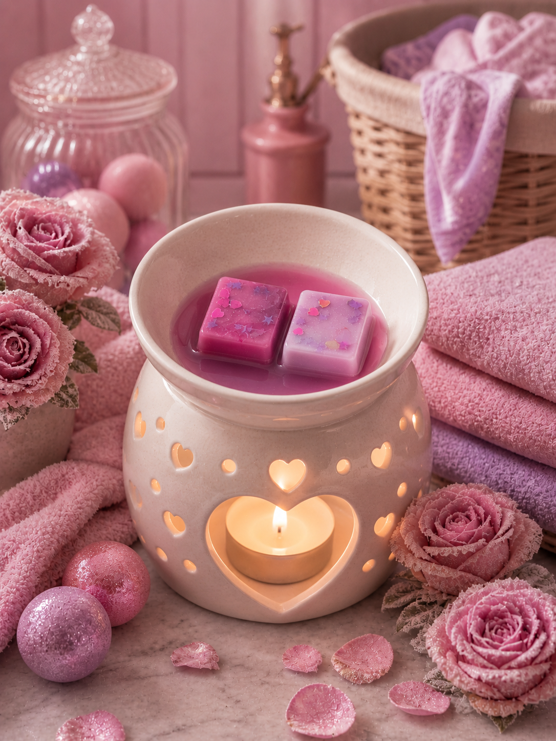frosted rose wonderland wax melts in burner surrounded by roses and towels in laundry room.