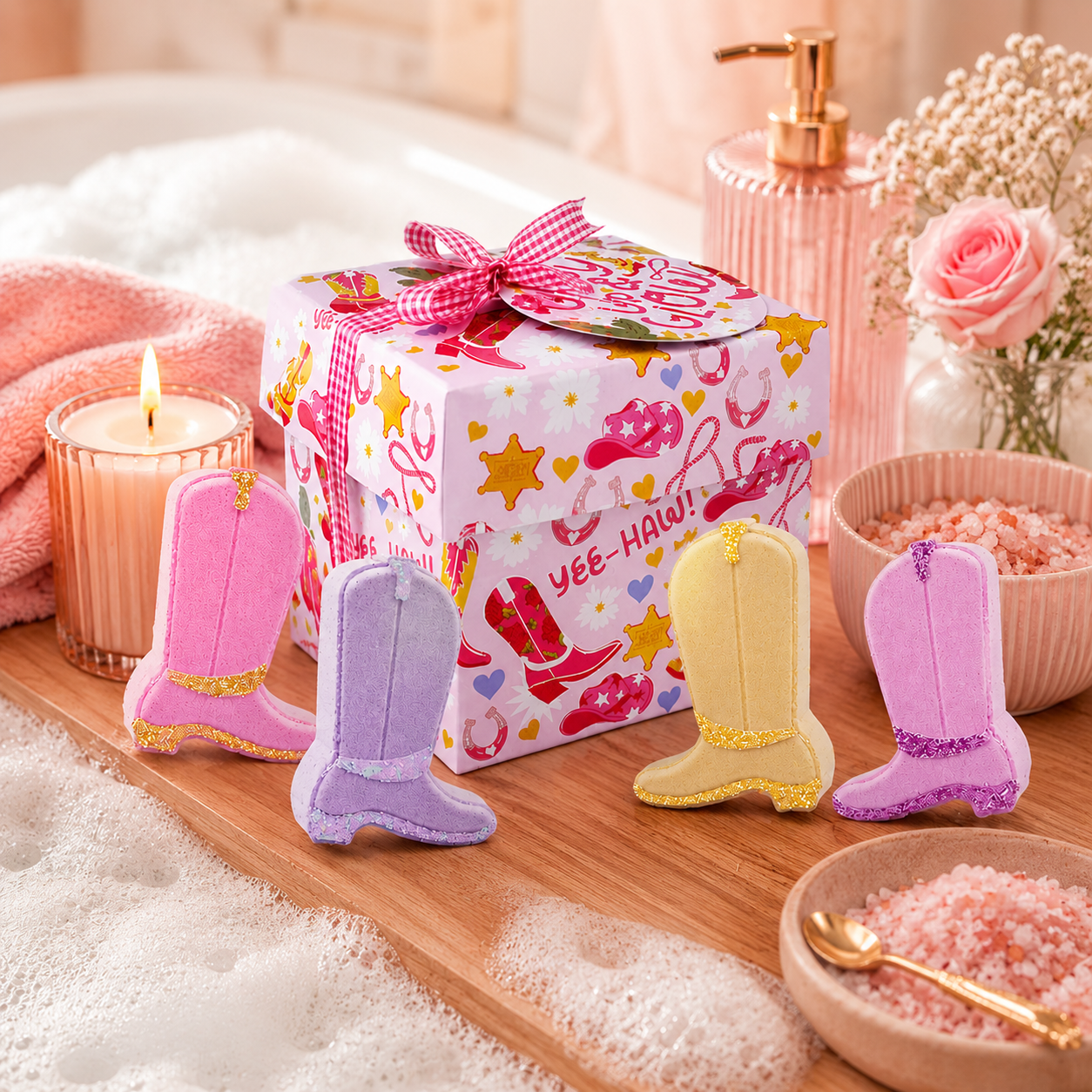 Decorative cowgirl boot soaps on a wooden surface with a gift box and candles in the background.