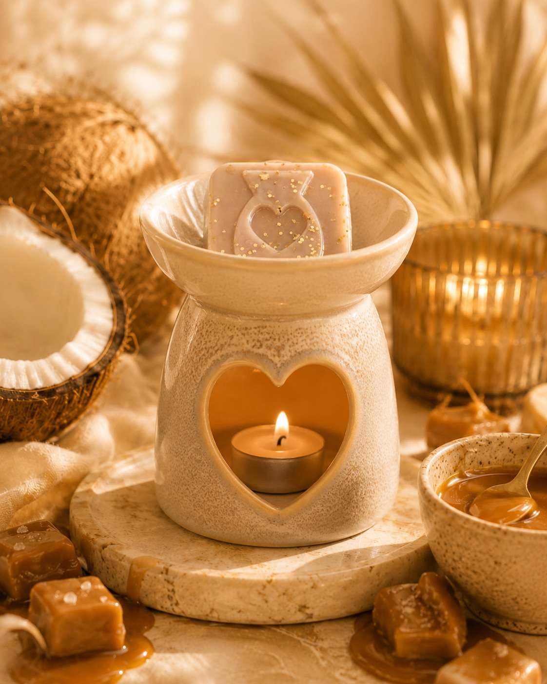 A warm, cozy tabletop scene with a beige ceramic wax warmer holding a lit tealight candle and wax melt with a heart design. Surrounding props include caramel cubes, a halved coconut, a small bowl with a spoon, and dried palm leaves in a softly lit setting.