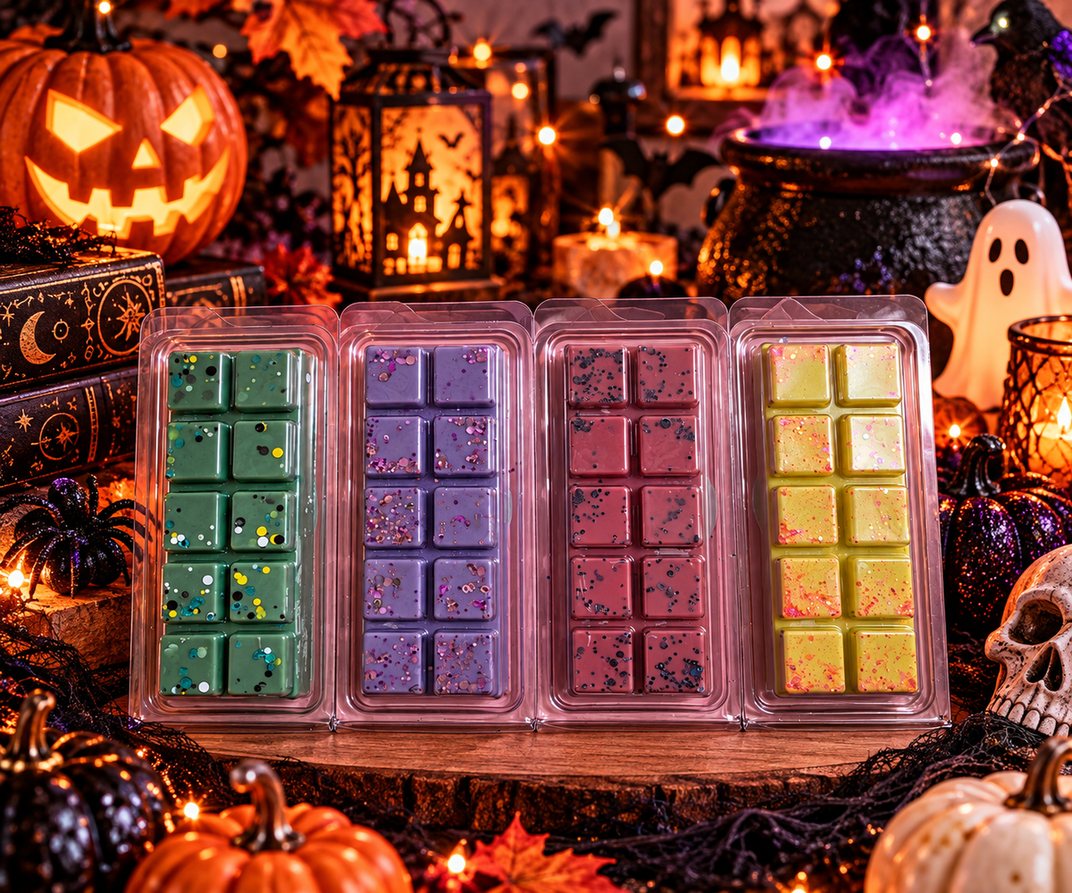 Four wax melts in clear clamshell packages arranged on a wooden surface, each containing multiple square wax bars in different colors: green, lavender-purple, dusty rose, and yellow. The background is a Halloween scene with pumpkins, candles, a cauldron, and spooky decorations.