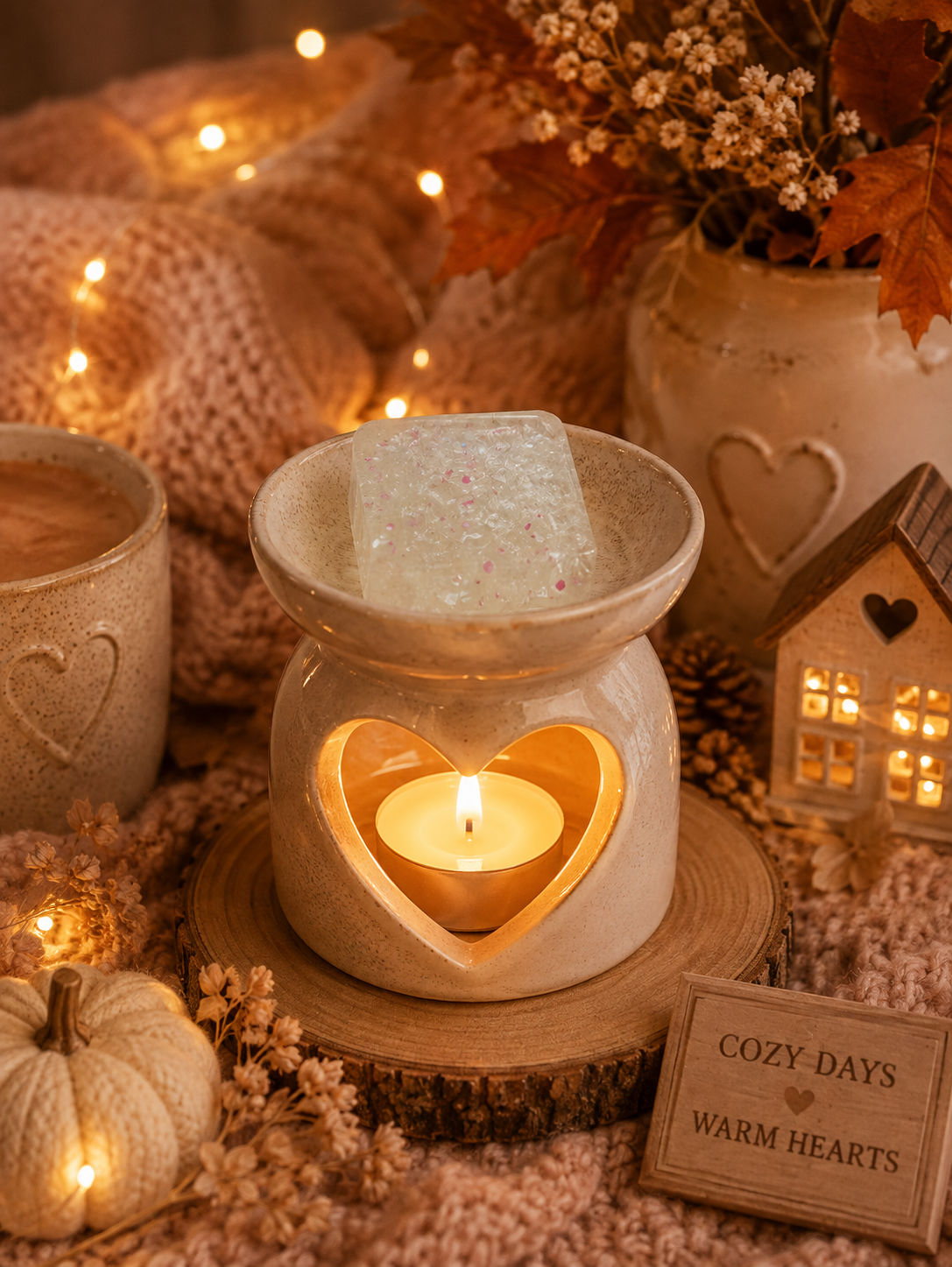A cozy ceramic heart-shaped wax warmer with a lit tealight candle inside, topped with a square gel scented wax melt. The warmer sits on a wood slice coaster in a warm, autumnal setting with dried flowers, a knit blanket, and string lights.