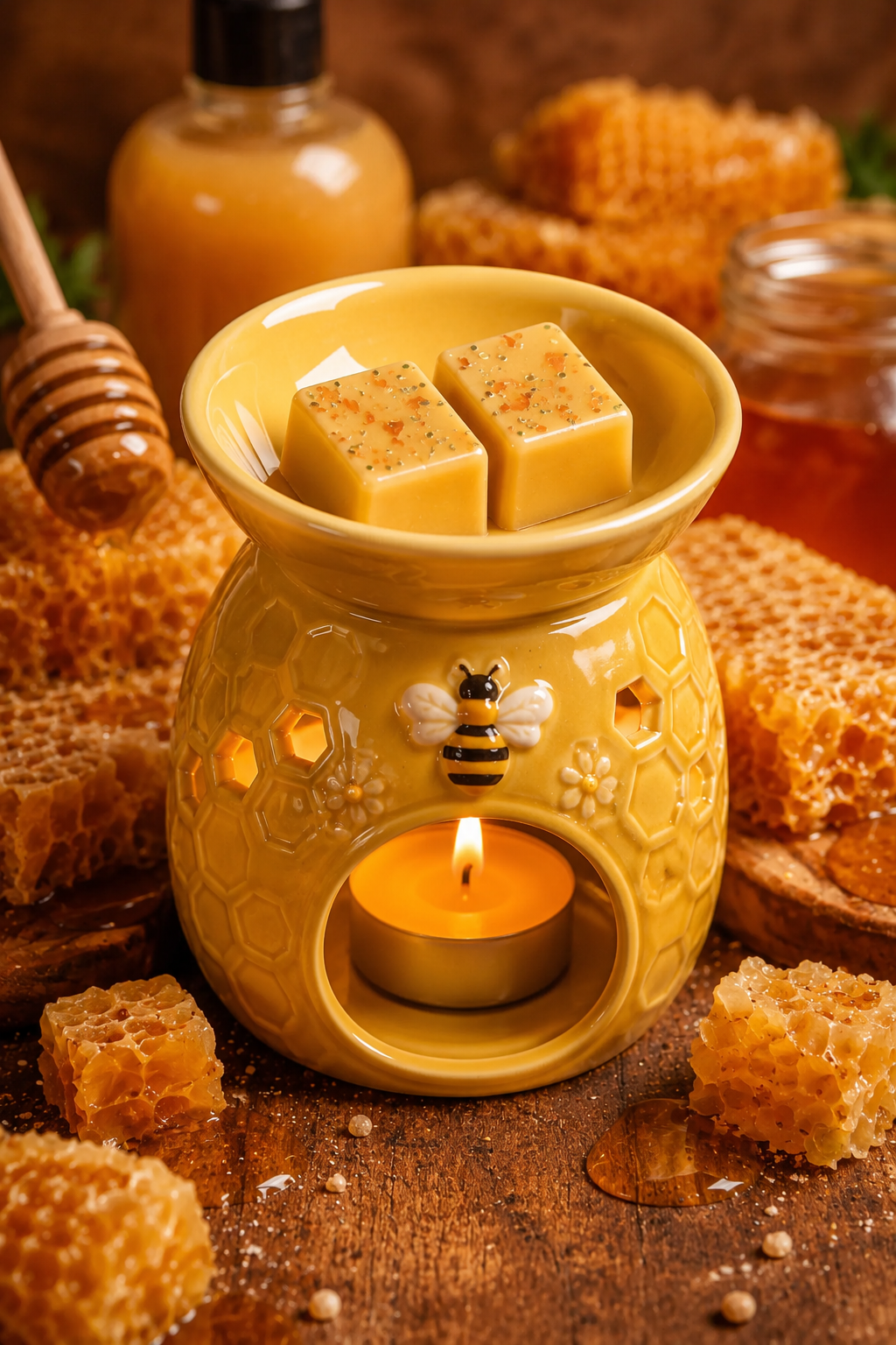 honey wax melts in burner with bee and honey background theme.