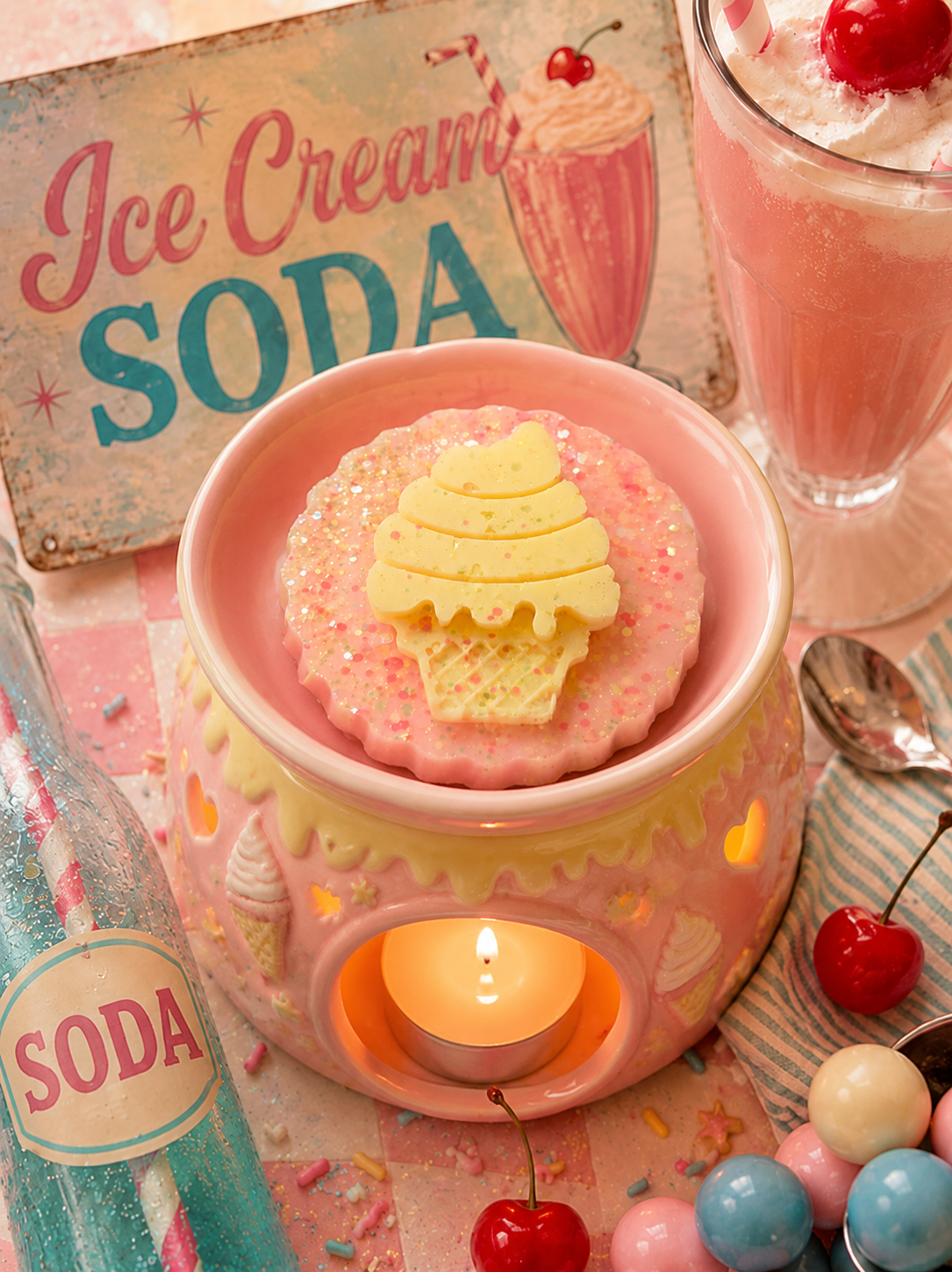 Ice cream soda scented wax melt in burner with ice cream soda and bubblegum background theme.