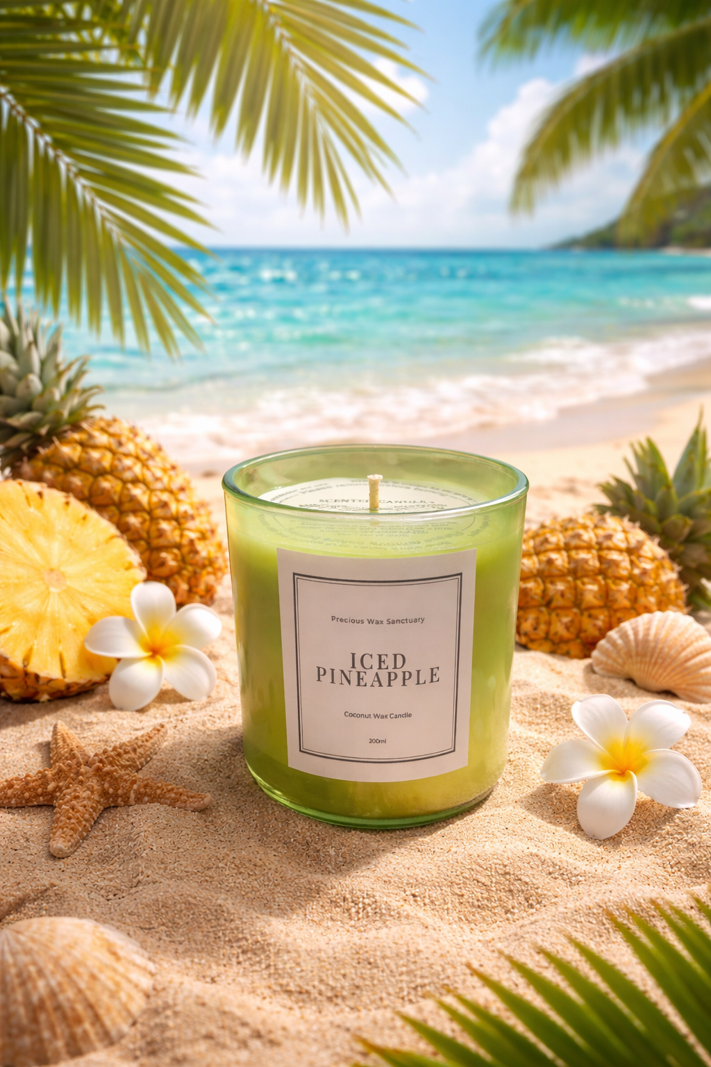 Candle labeled 'Iced Pineapple' on a sandy beach with pineapple, flowers, and shells.