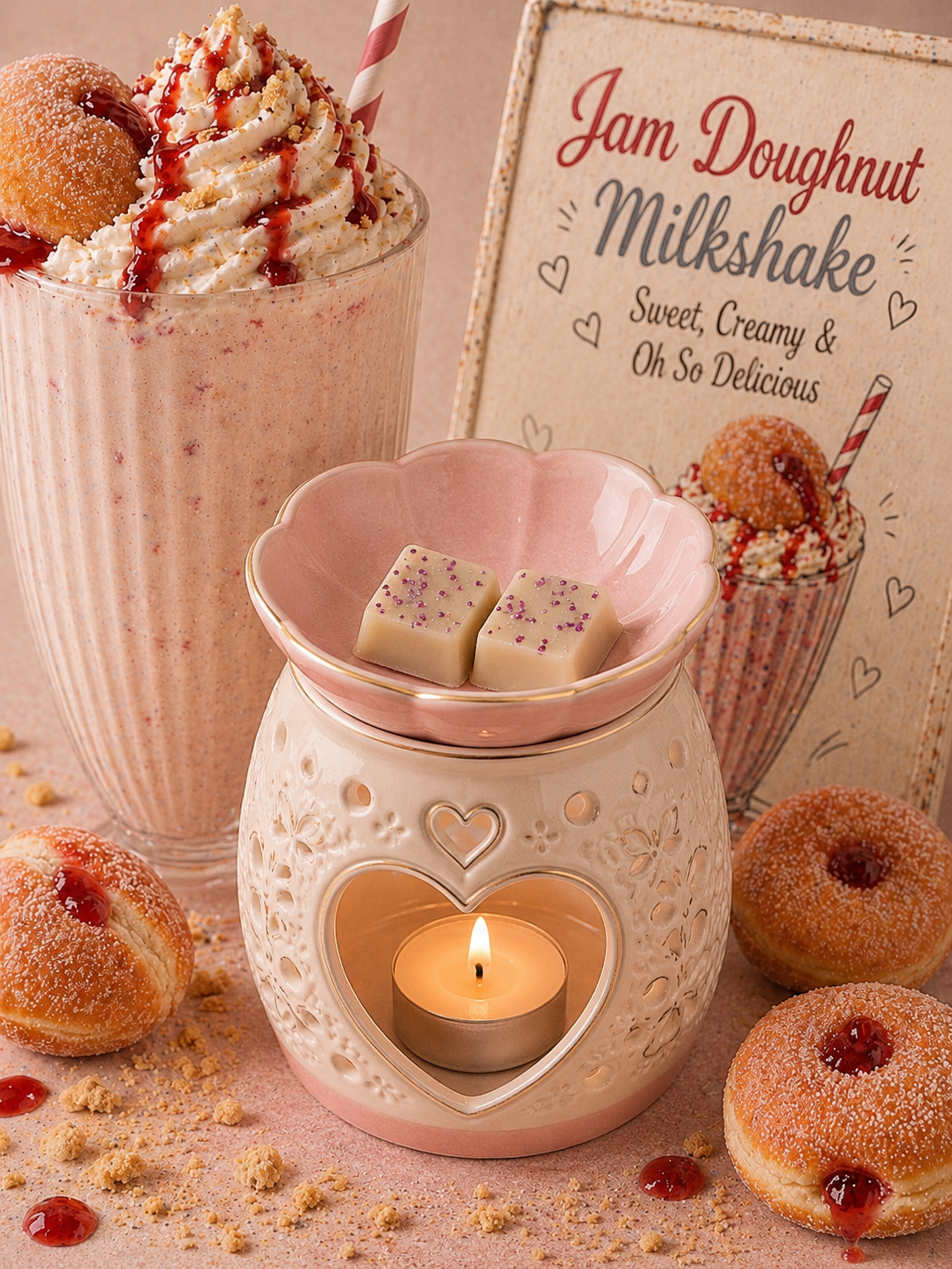 Jam doughnut milkshake wax melts in burner with matching doughnut theme.