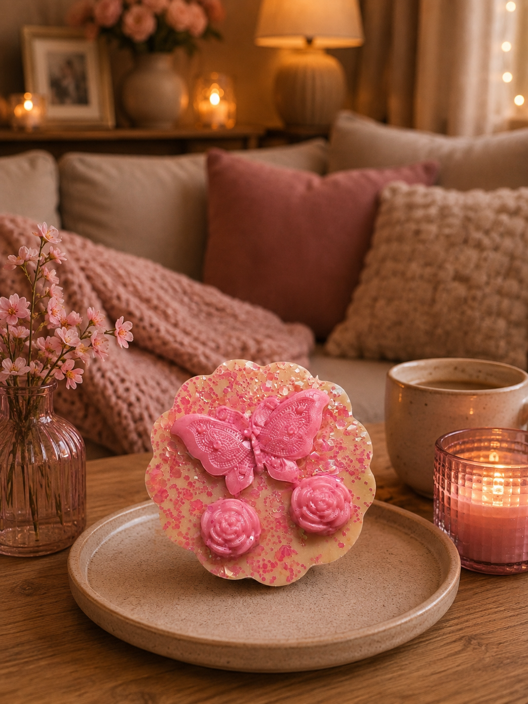 A pink decorative wax melt piece with butterfly and rose motifs sits on a beige tray on a wooden table, styled in a cozy living room setting with pillows, a lamp, and a candle.