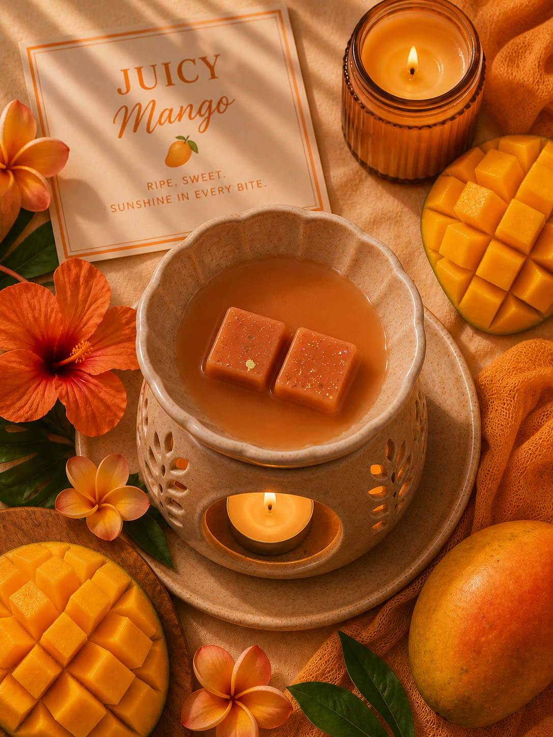 A styled product shot of a 'Juicy Mango' scented wax melts in a beige ceramic wax warmer with two lit tea lights, surrounded by fresh mangoes, hibiscus flowers, and a branded card on a beige fabric background.