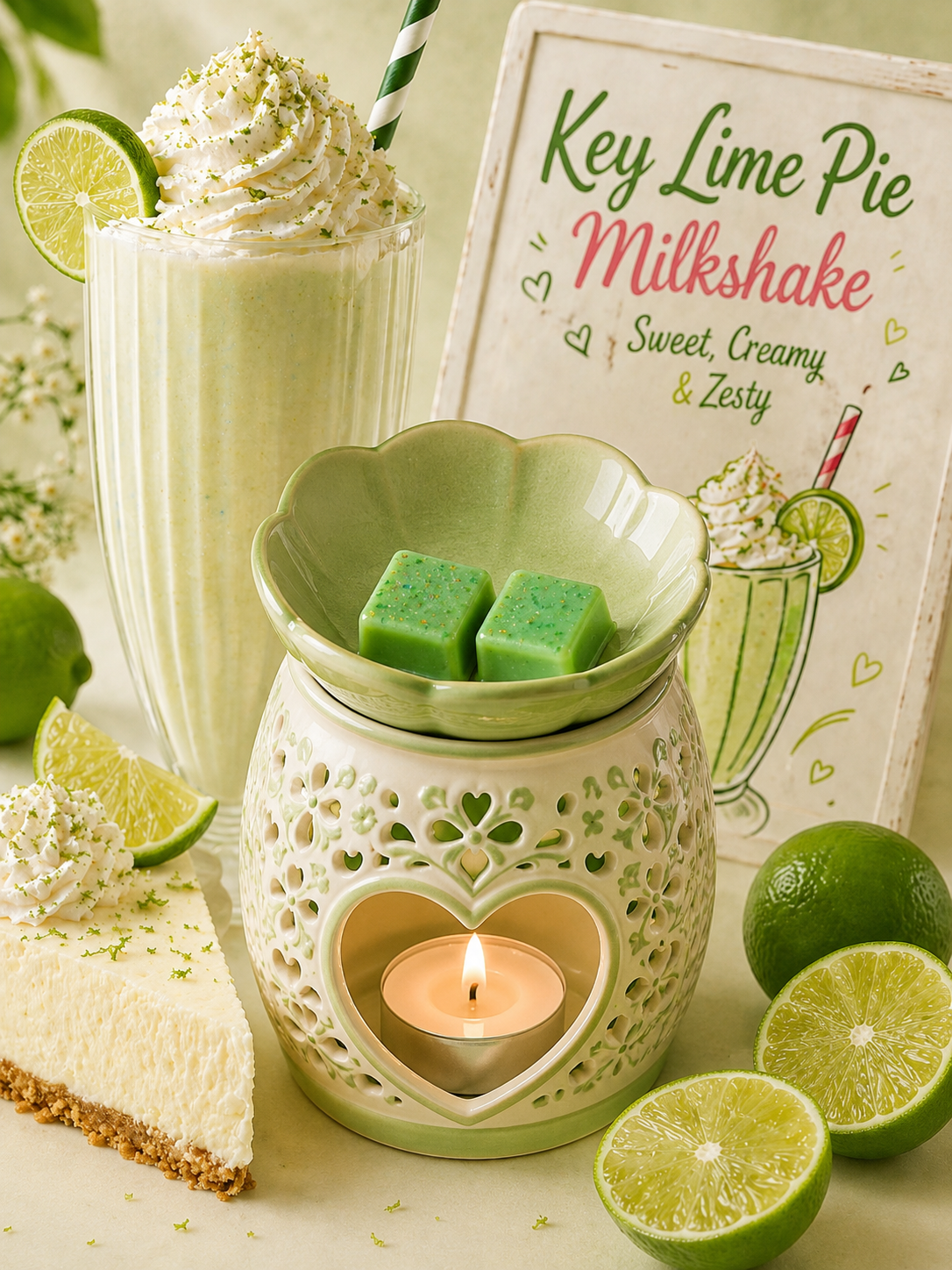 Key lime pie wax melts in burner with matching background.