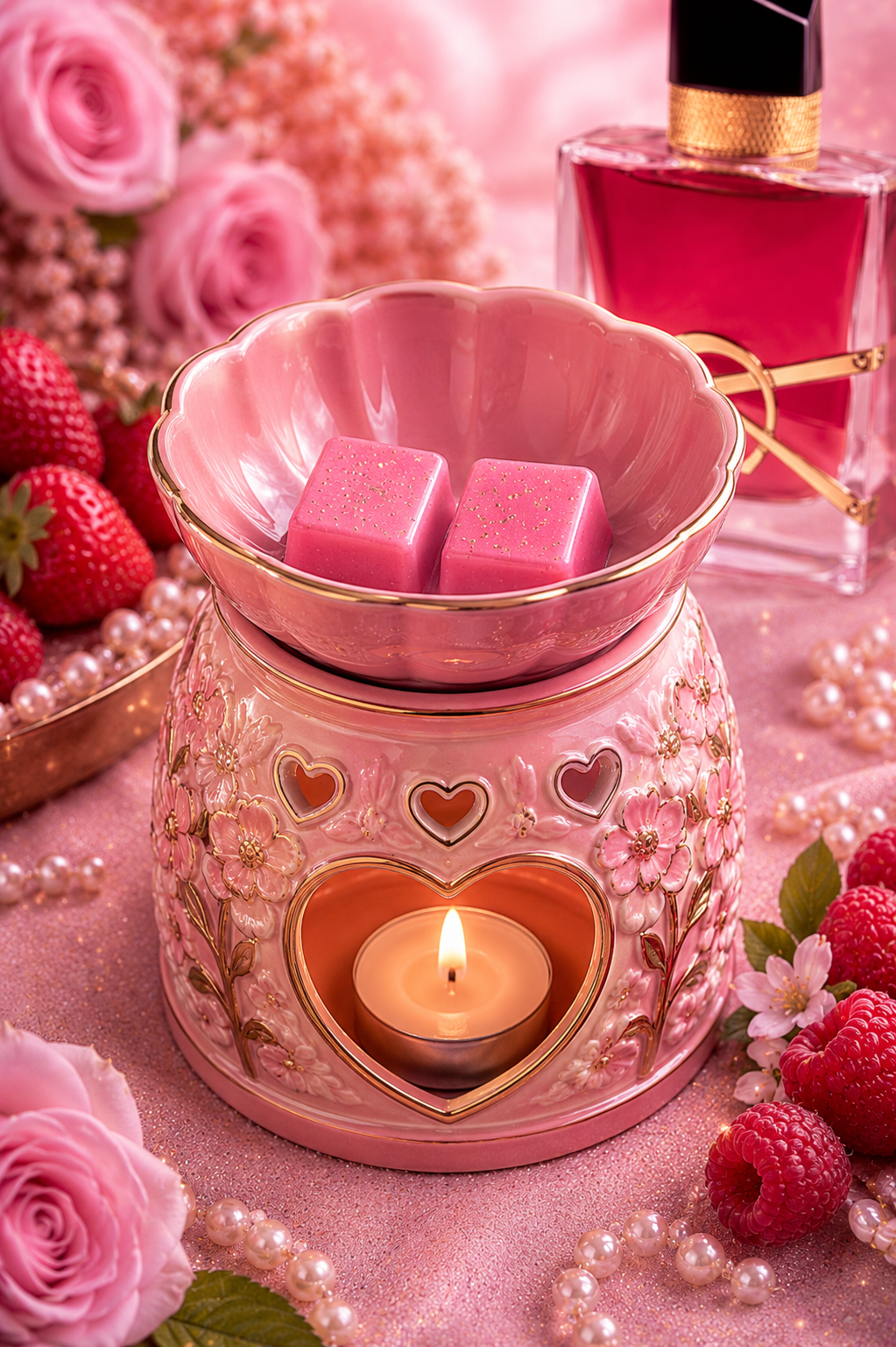 Pink wax melts in burner with perfume and roses.