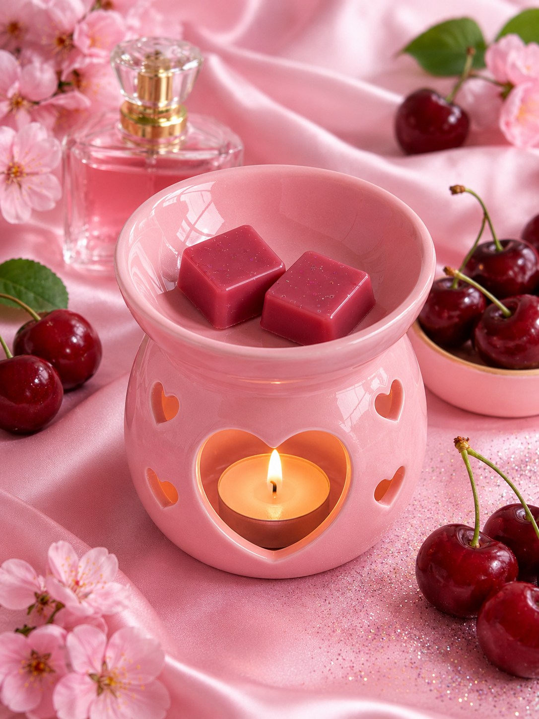 lost cherry wax melts in burner with cherry and perfume background theme.