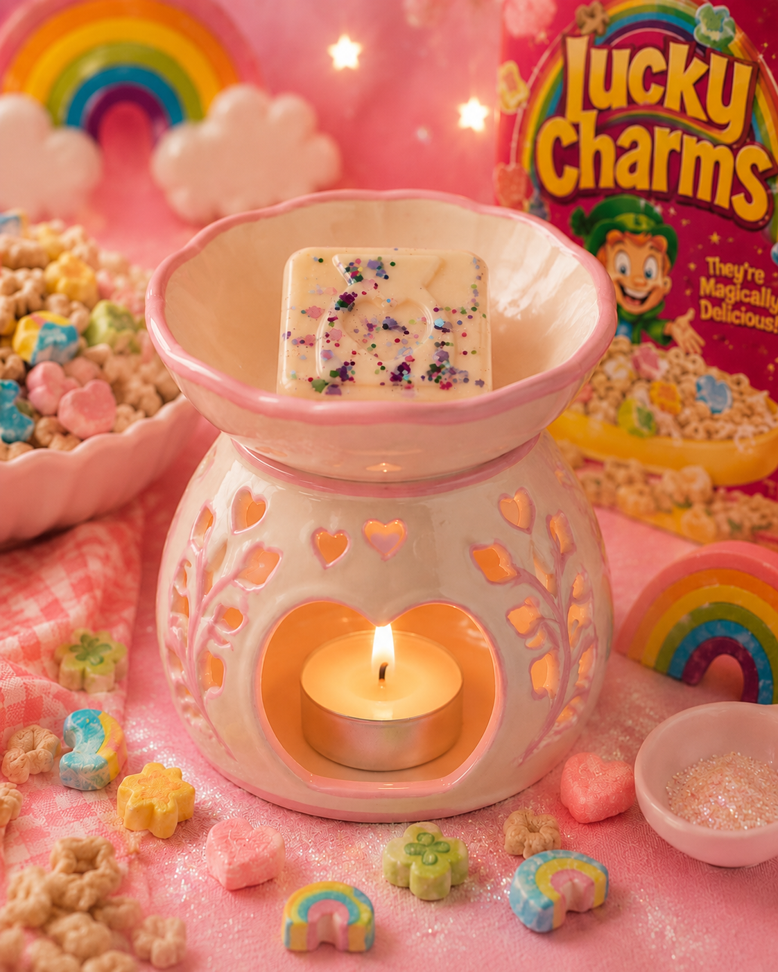 Lucky charms wax melt sample in burner surrounded by lucky charms cereal background theme.
