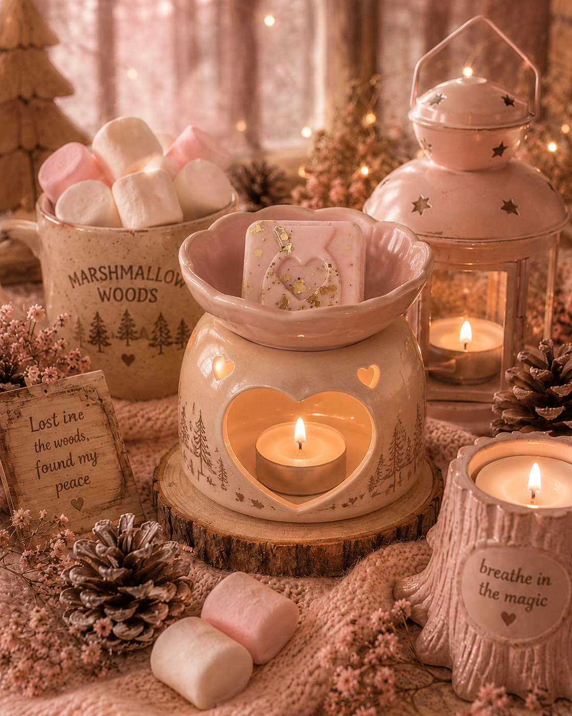 Marshmallow woods pink wax melt sample in background surrounded by marshmallows and magical woods.