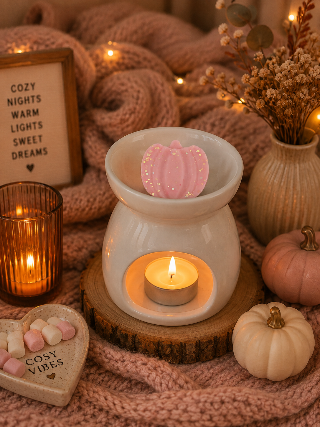 A cozy styled scene with a white ceramic wax warmer on a wood slice, lit with a tealight candle and holding a pink glittery pumpkin-shaped wax melt. Surrounding props include a pink knit blanket, amber candle holder, framed cozy quote, dried flowers in a vase, and small pumpkins.