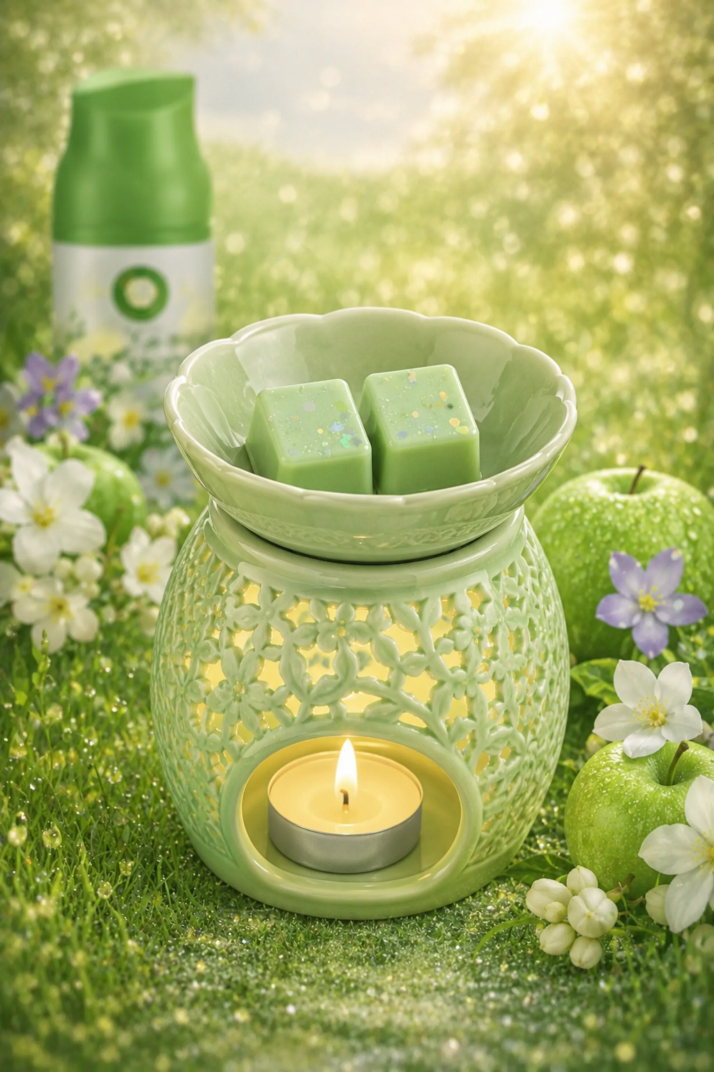 green wax melts in burner with meadow garden background theme.