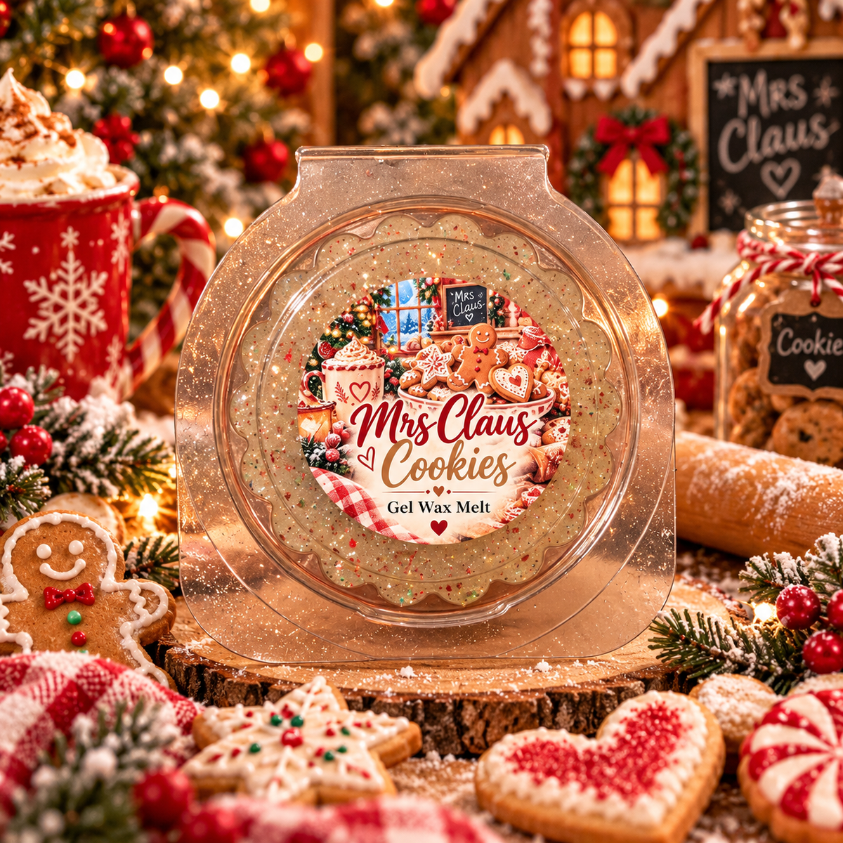 gel wax melt pot of 'Mrs. Claus Cookies' gel wax melt sits on a rustic wood slice, surrounded by festive Christmas decorations including gingerbread cookies, a mug of hot cocoa, and a cozy gingerbread house in the background