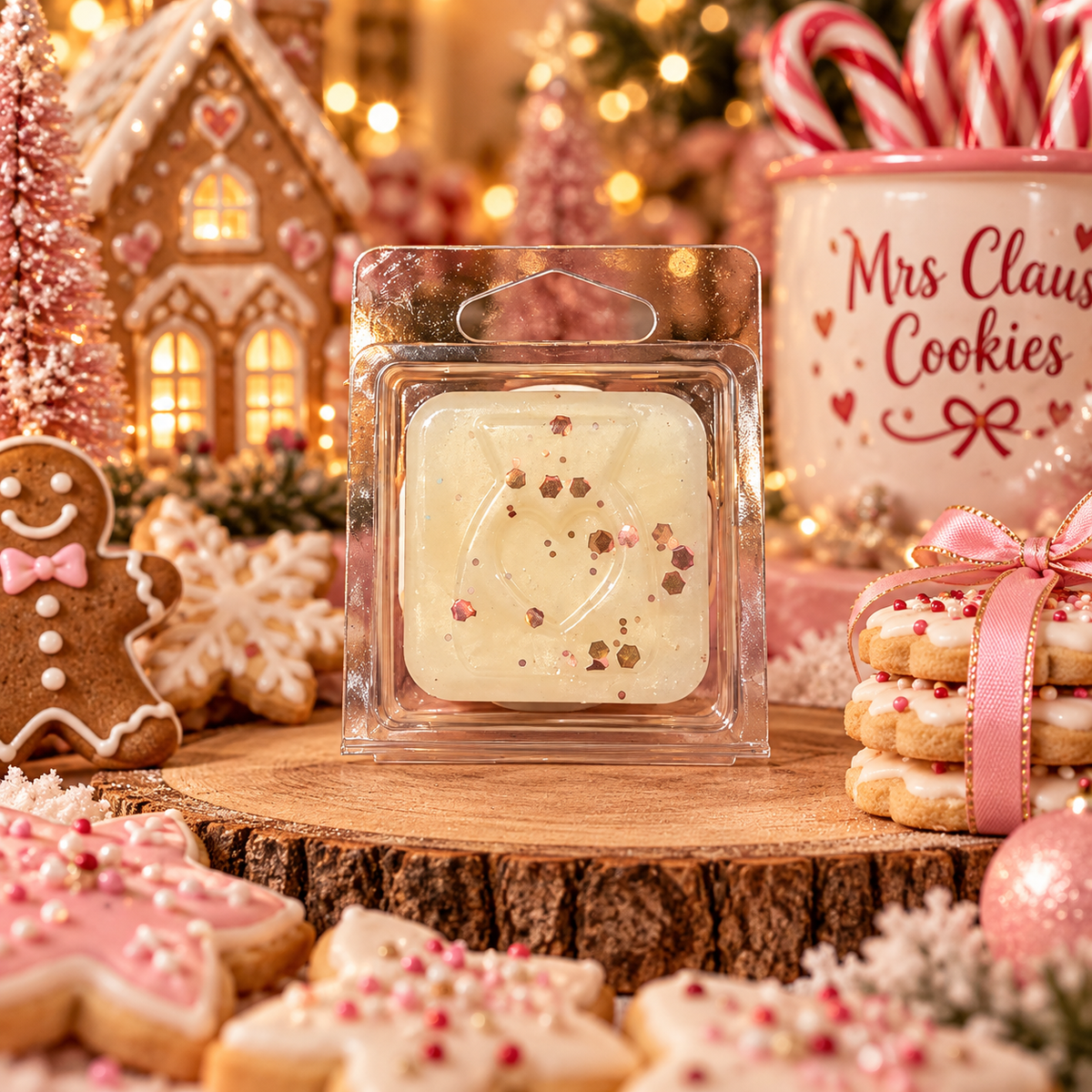 A square gel wax melt in a clear plastic clamshell package sits on a rustic wood slice, surrounded by festive Christmas cookies, candy canes, and a gingerbread house in the background.