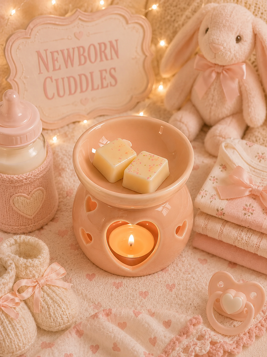 newborn cuddles wax melts in burner with cute baby background theme.