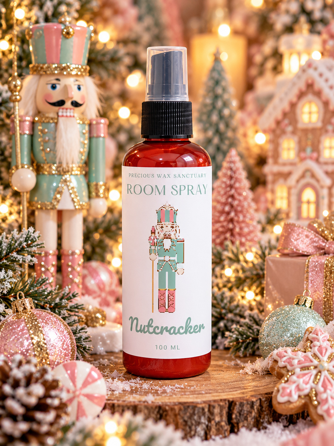 A 100 ml bottle of Precise Wax Sanctuary Nutcracker room spray, featuring a red bottle and white label with a nutcracker illustration, set against a festive Christmas background with a nutcracker figure, lights, ornaments, and a gingerbread house.