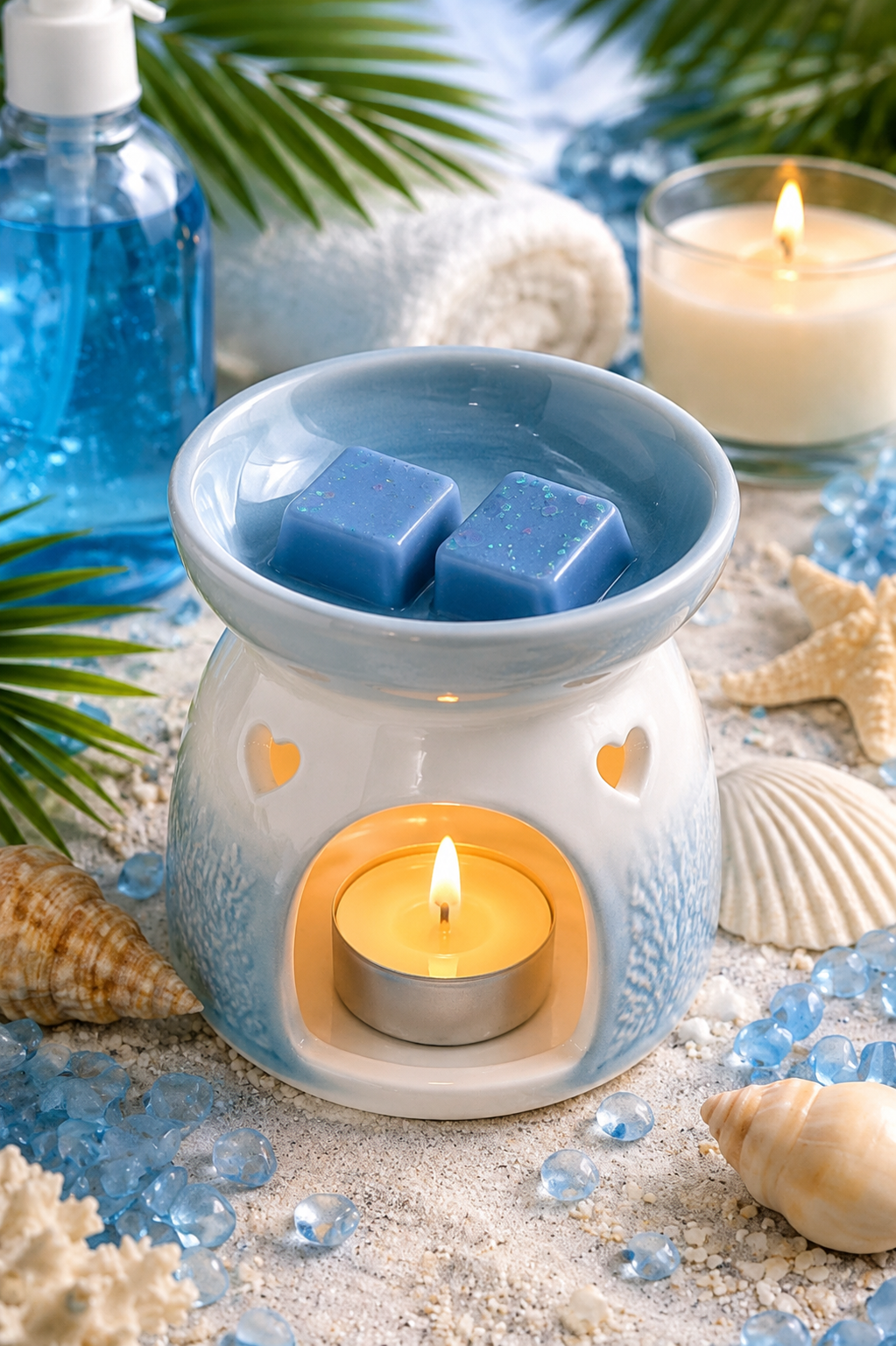Ocean breeze wax melts in burner surrounded by beach and shells.
