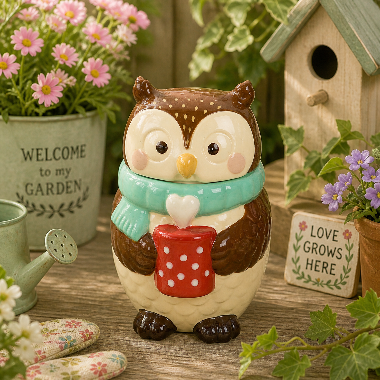Cute owl oil burner in garden