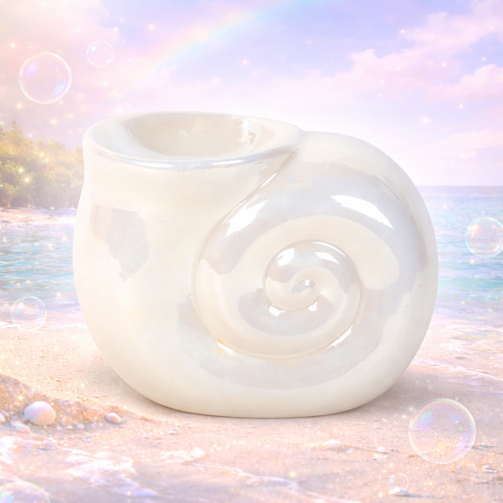 White ceramic wax and oil warmer with a spiral design on a soft, blurred background