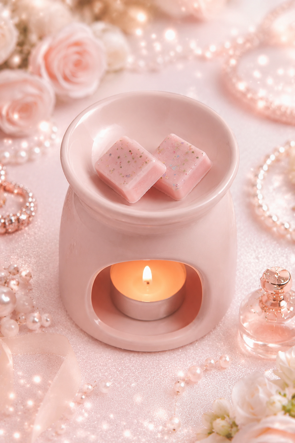 pink wax melts in burner with perfume and roses background.