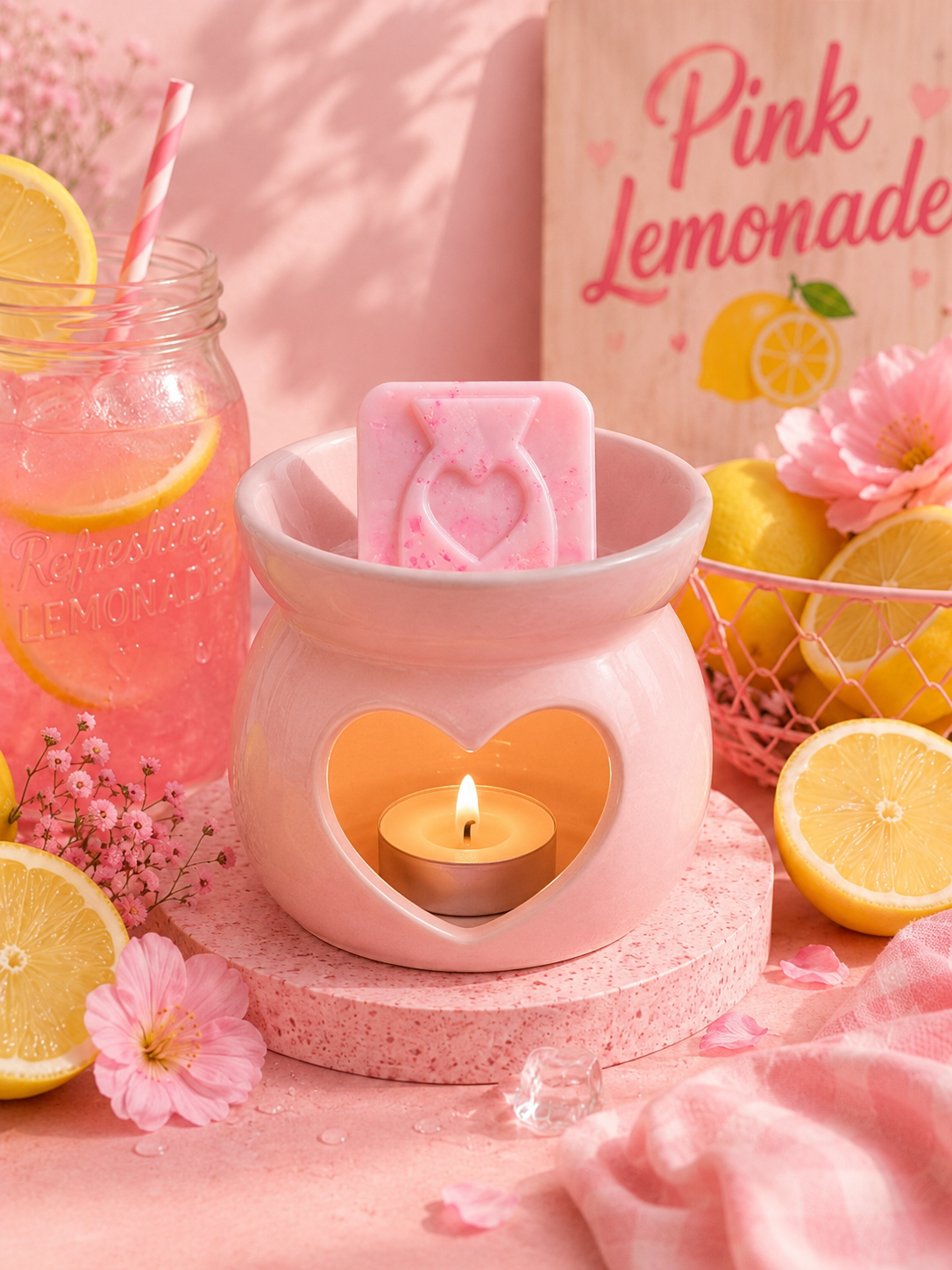 pink lemonade scented soy wax melt sample in burner surrounded by lemonade and lemons.