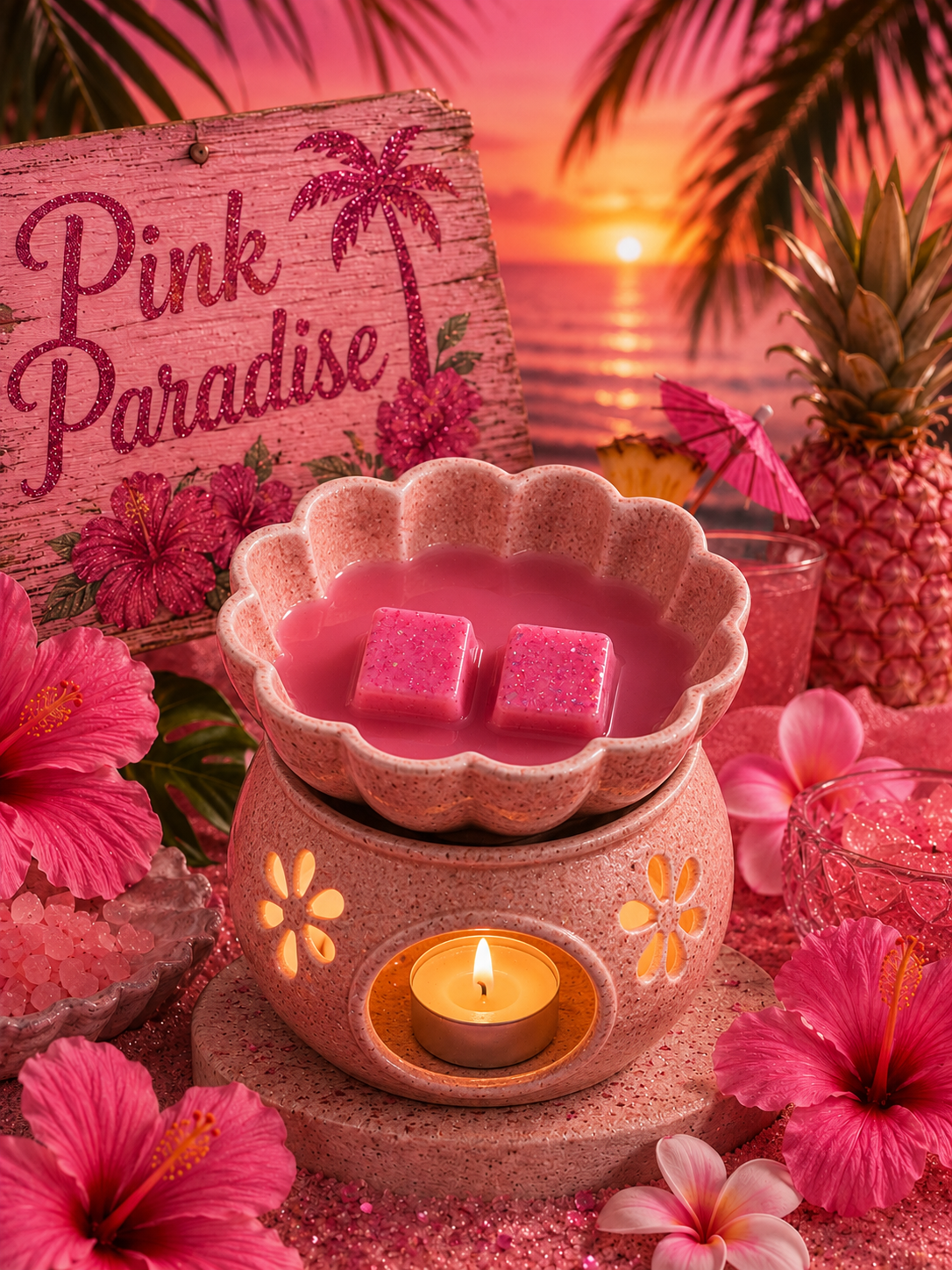 A pink wax melt warmer with two pink wax melts and a lit tealight candle, styled with tropical flowers, a pineapple, and a sunset beach scene in the background. A wooden sign reads 'Pink Paradise'.