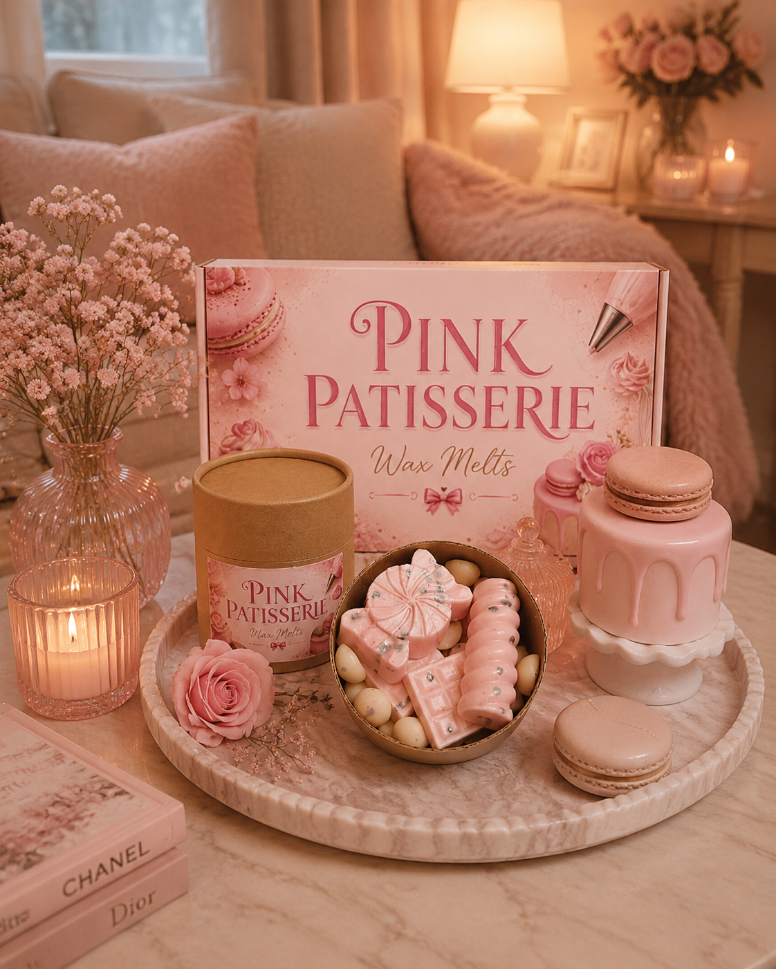 Pink patisserie scoopie wax melts in home with pink and cream decor.