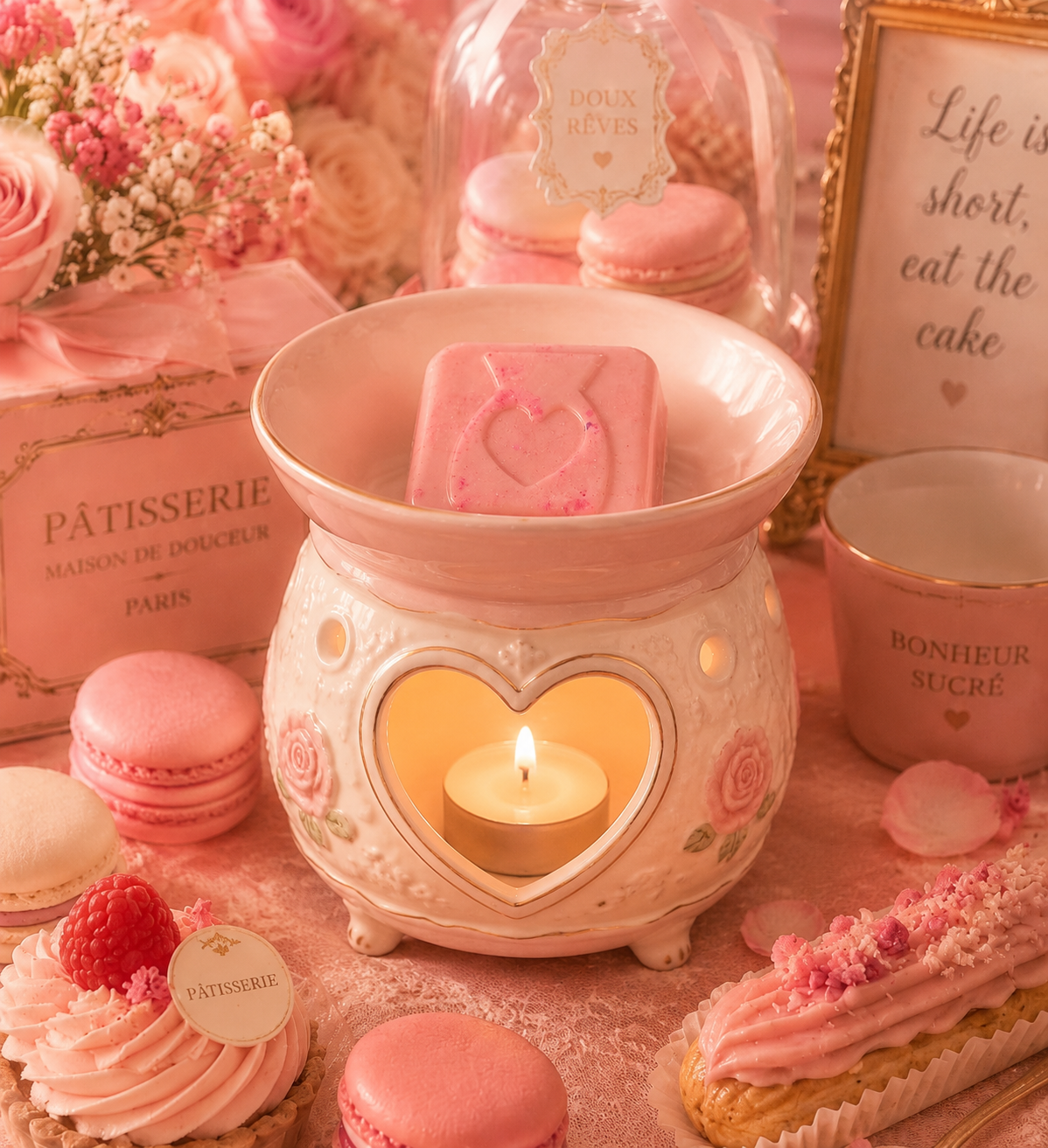 Pink wax melts in burner surrounded by pink patisserie decor.